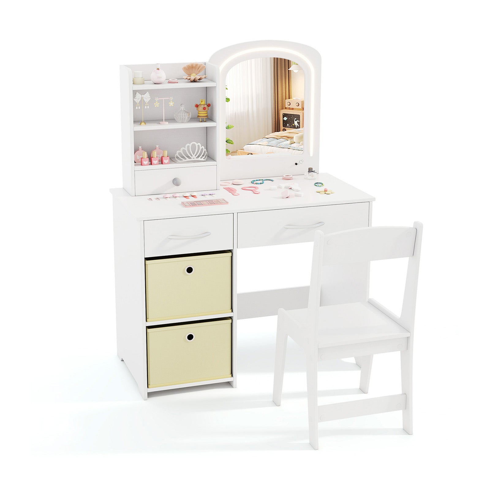 Kids Vanity Set with Lighted Mirror and Storage Drawers-White