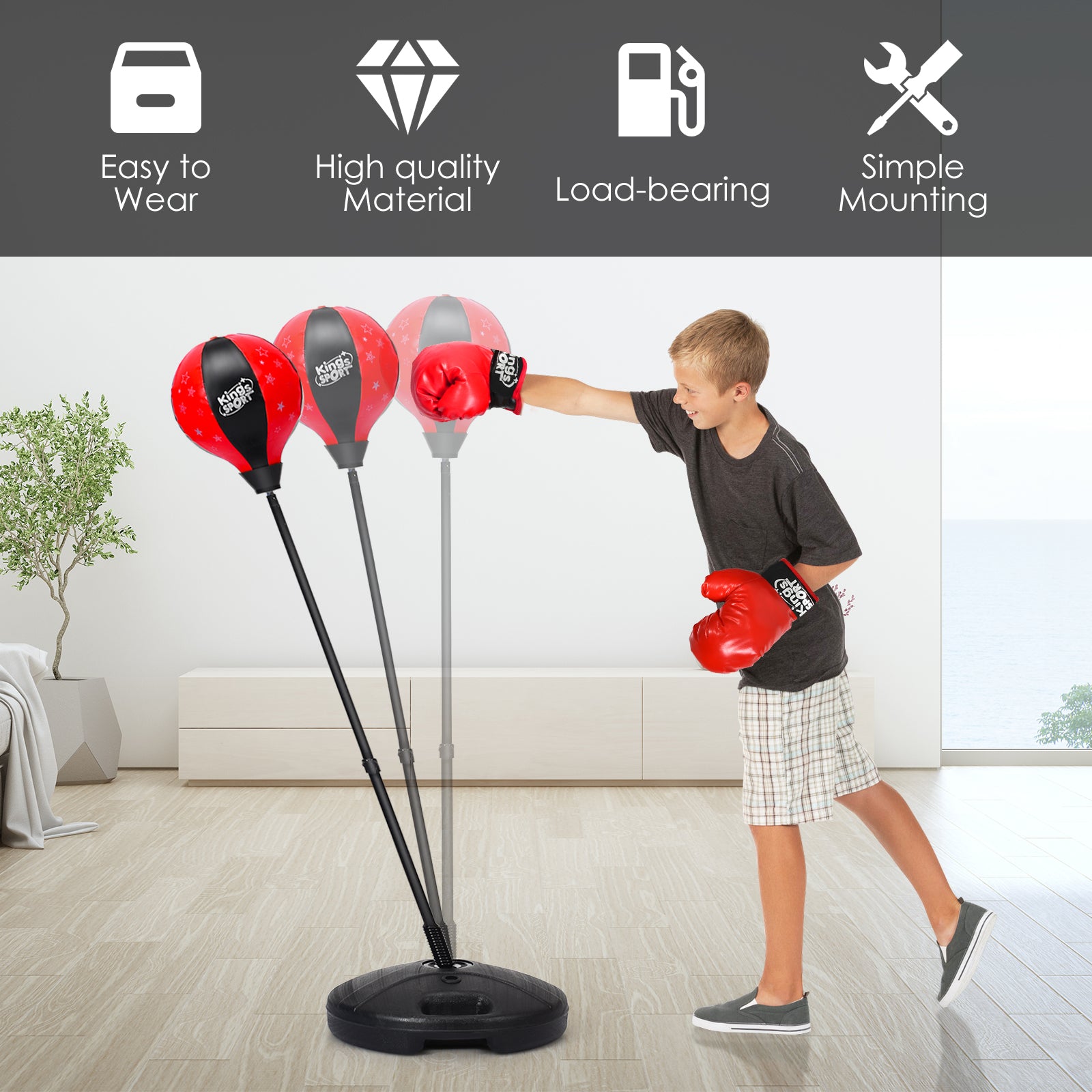 Kids Standing Punching Bag with Stand and Gloves-Red and Black