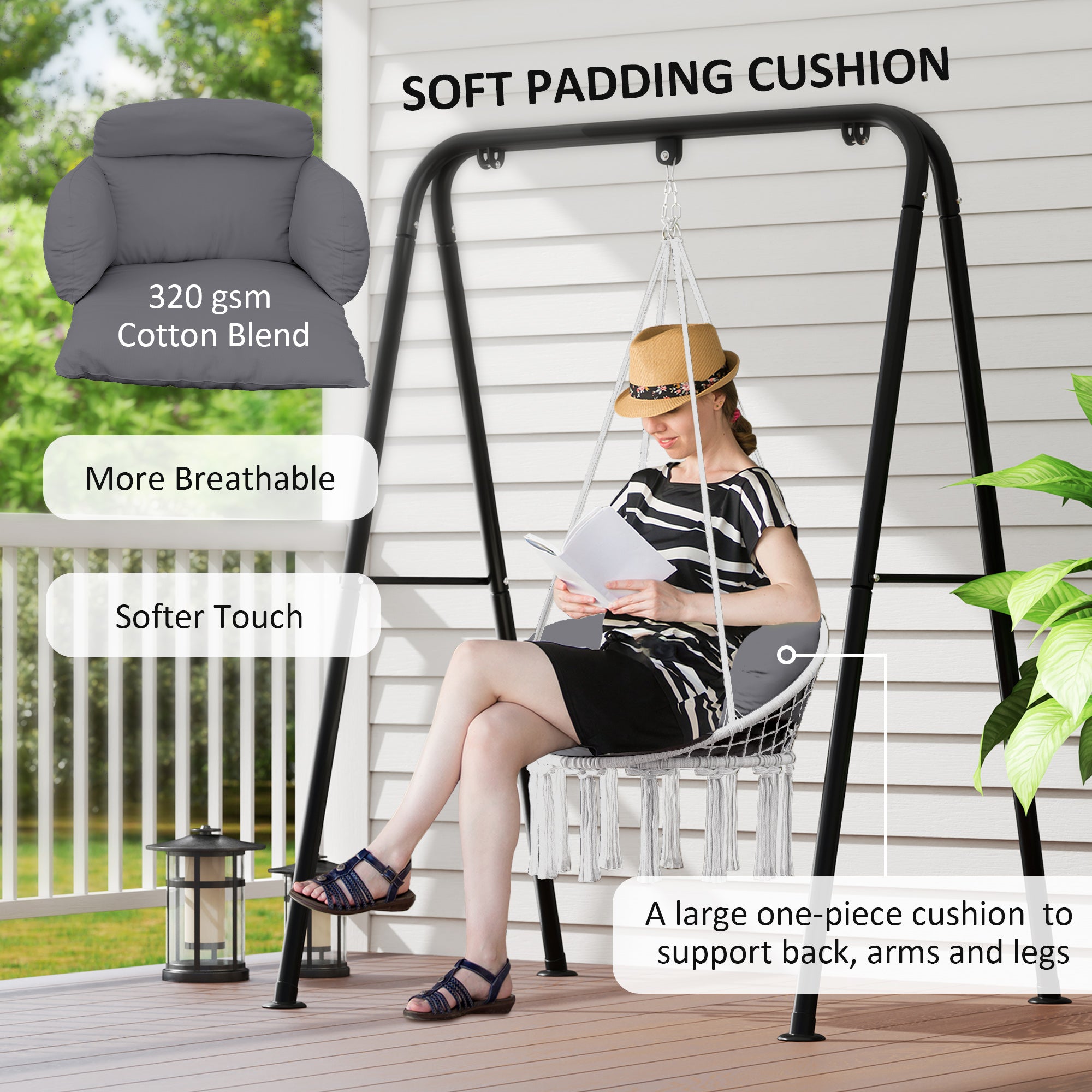 Outsunny Hanging Chair Outdoor Hammock Chair with Soft Cushion, Cotton Rope Boho Style Swing Chair, Hanging Garden Swing Seat for Indoor Outdoor, Dark Grey