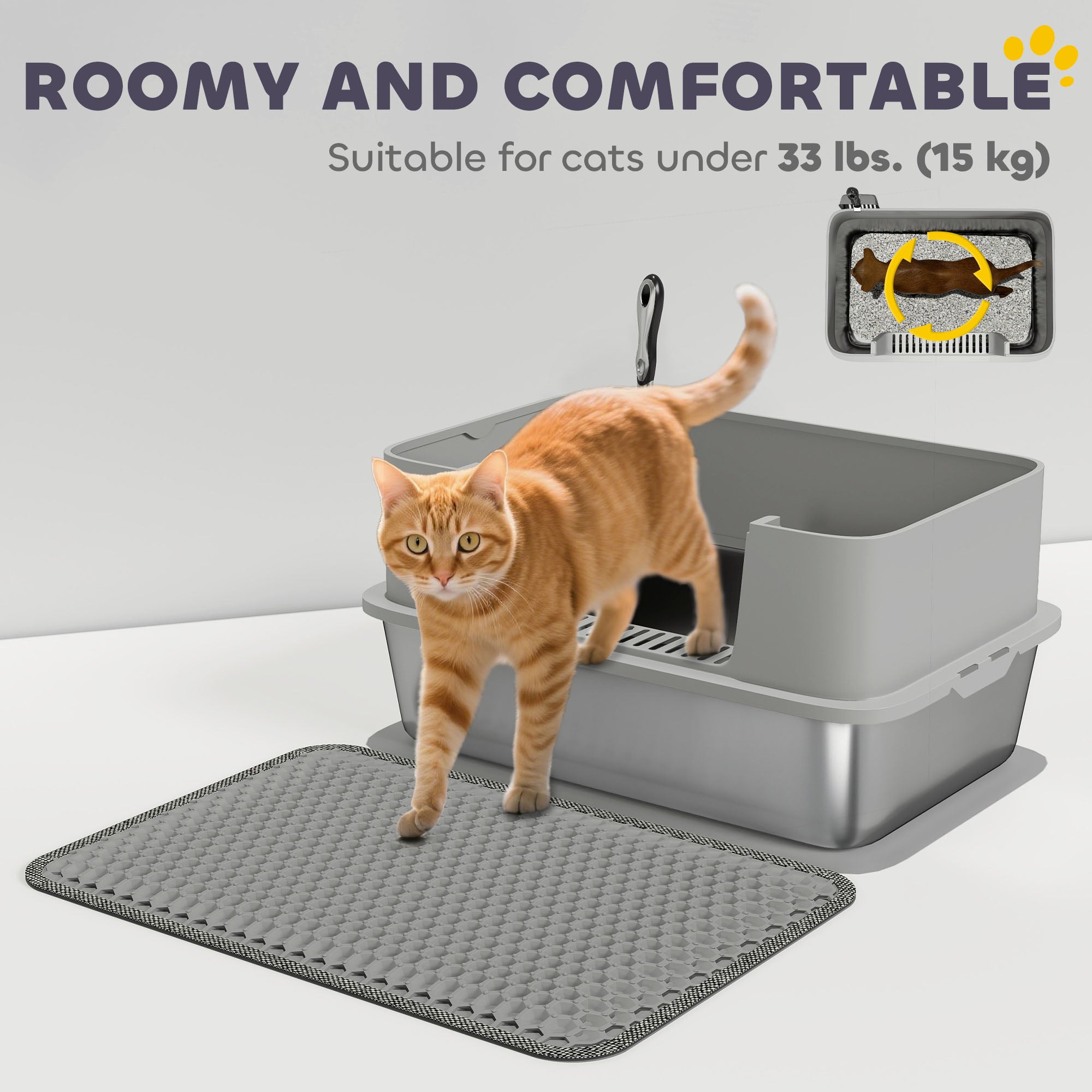 PawHut High Sided Stainless Steel Litter Box, Metal Cat Litter Tray with Metal Scoop, Litter Mat, Never Absorbs Odors, Grey