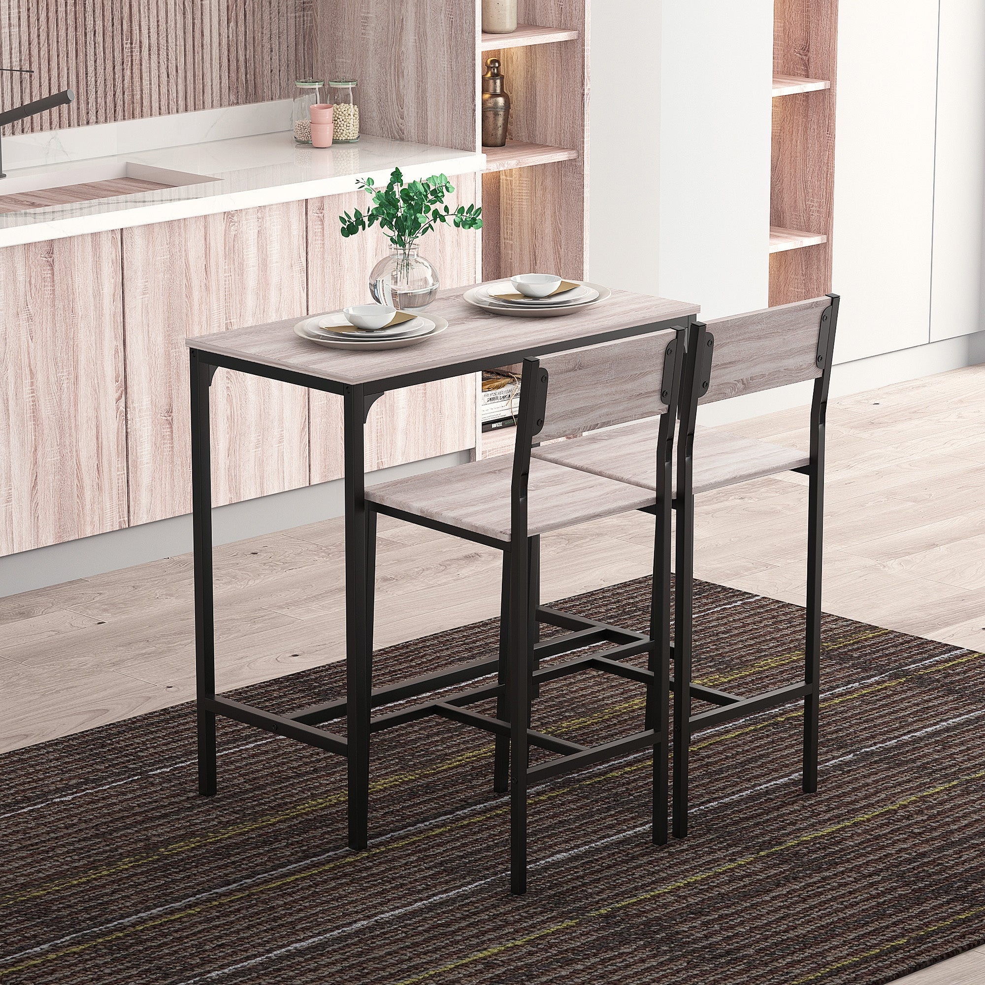 HOMCOM 3 Pcs Table Stool Set Industrial Design w/ Metal Frame Oak Tone MDF Panels Minimal Compact Beautiful