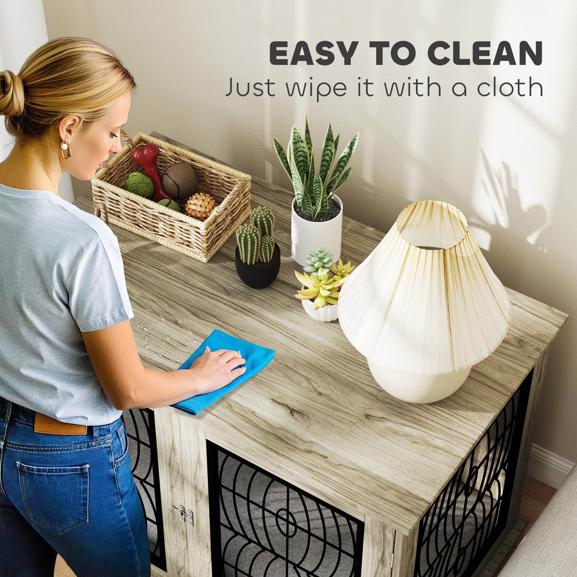 PawHut Indoor Dog Crate Furniture End Table with Soft Washable Cushion, Lockable Front Door, for Extra Large Dogs - Grey