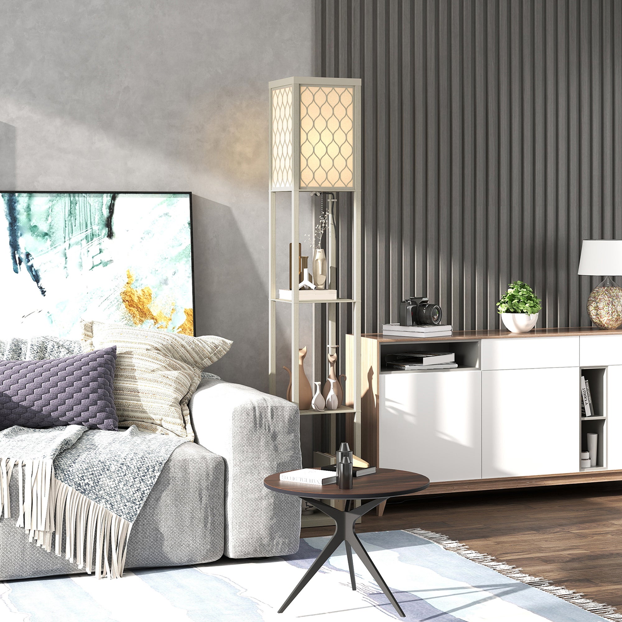 HOMCOM Three-Shelf Standing Lamp - Oak/White