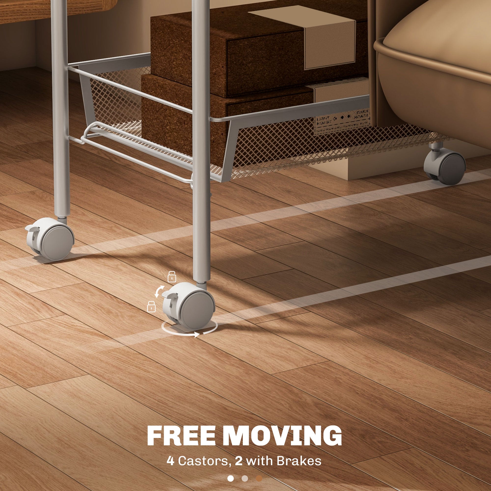 HOMCOM Five-Steel Mesh Basket Storage Trolley, with Wheels - White