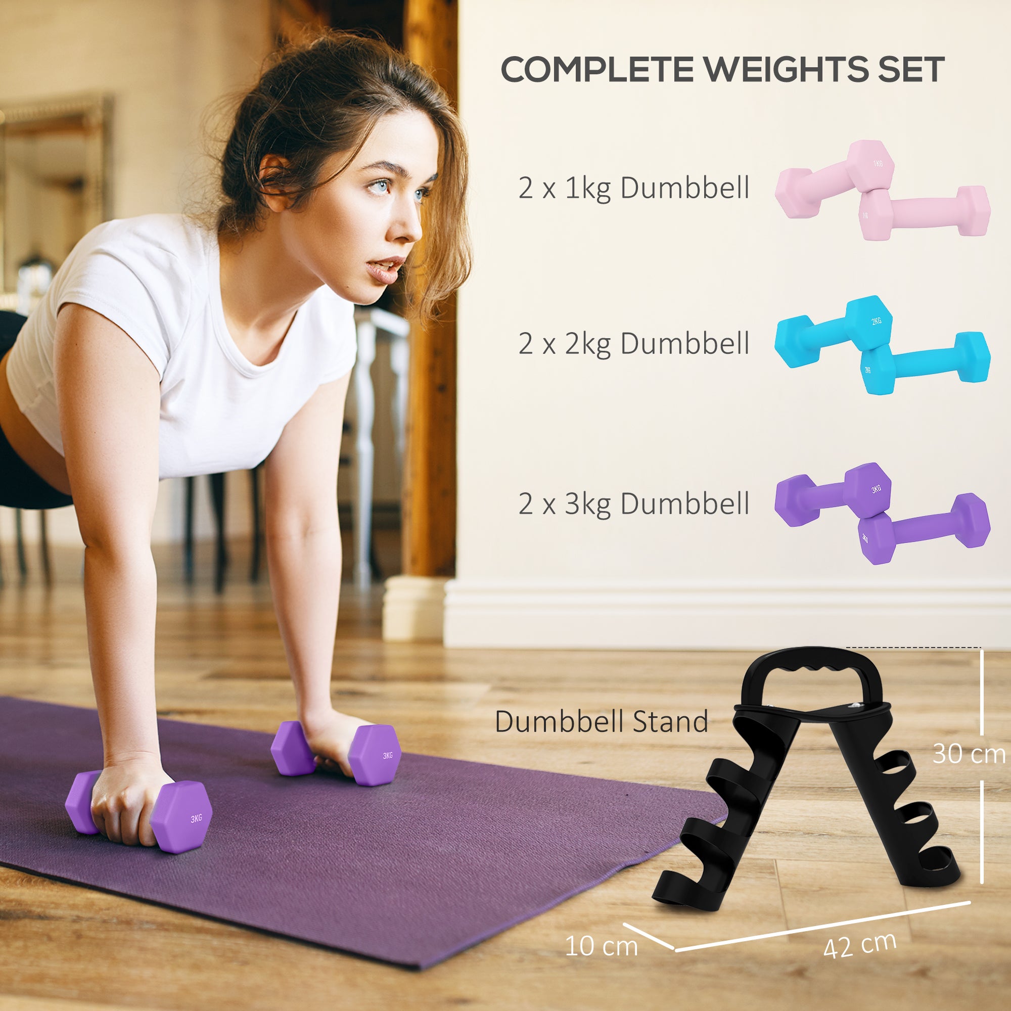 SPORTNOW Dumbbells Set with Storage Rack, 2 x 1kg, 2 x 2kg, 2 x 3kg, Pink