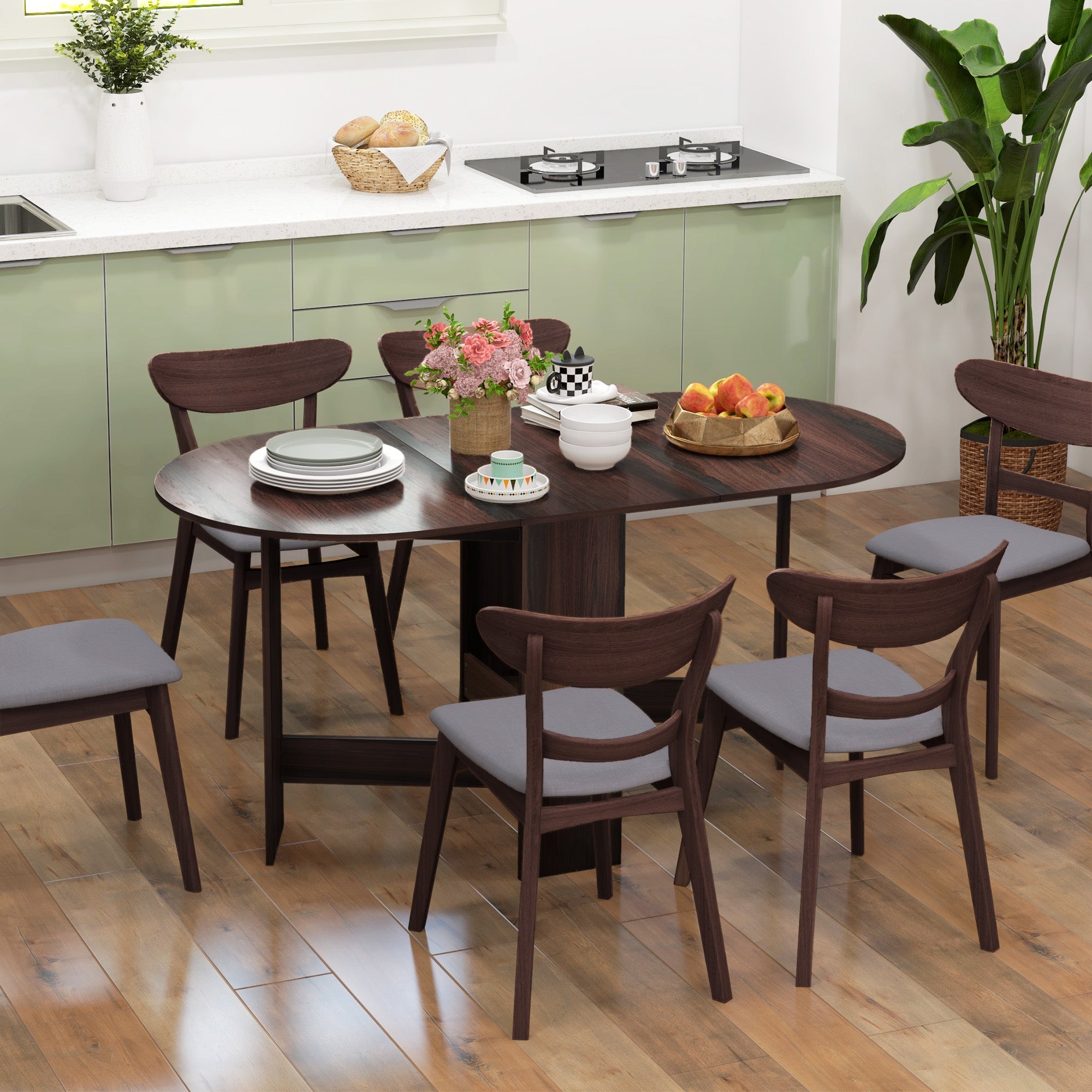 HOMCOM Folding Dining Table, Drop Leaf Table for Small Spaces, Oval Tabletop for Dining Room, Chocolate Wood Effect