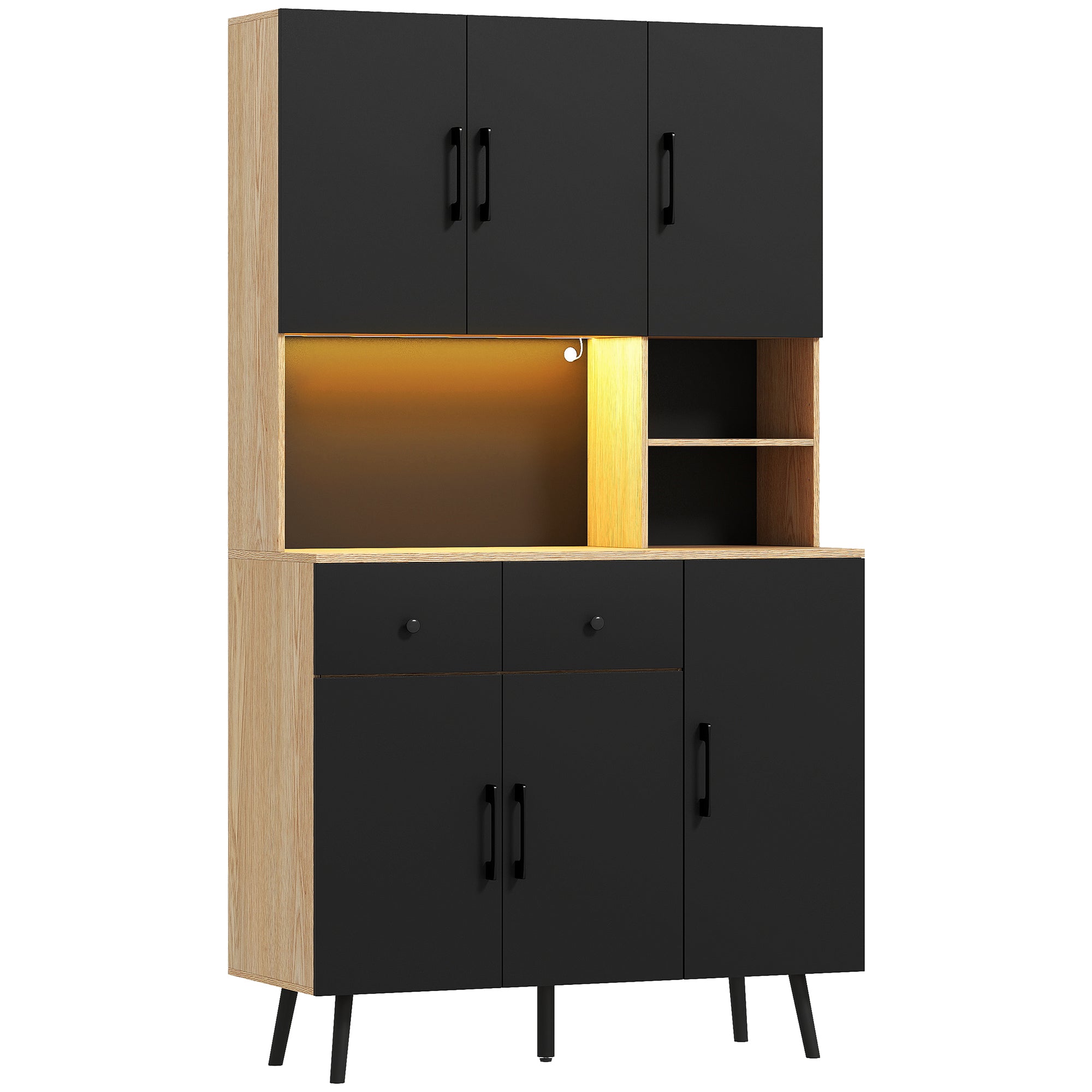 HOMCOM 176 cm Kitchen Cupboard with LED Lights - Oak and Black