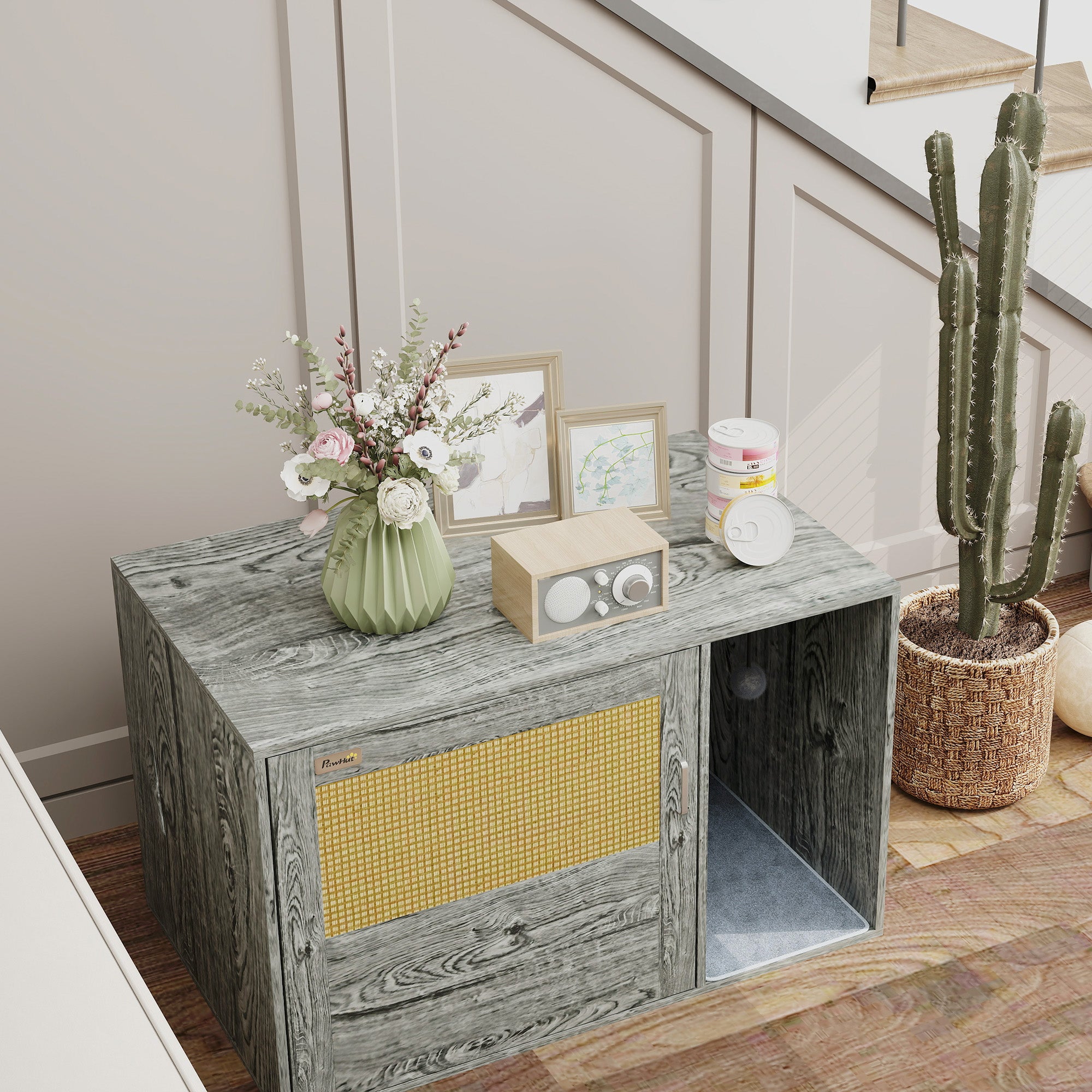 PawHut Cat Litter Box Enclosure with Rattan Door, Scratching Mat, Toy Ball, Non-Slip Foot Pads, Grey