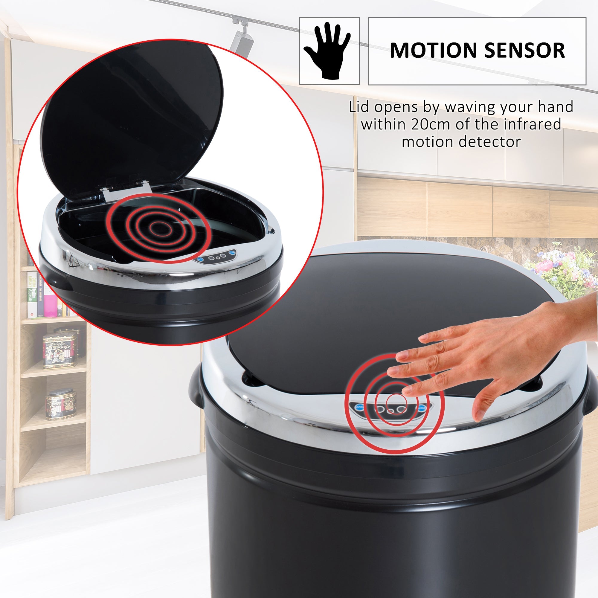 HOMCOM 50L Sensor Bin with Quiet Soft-Close Lid, Automatic Touchless Motion Sensor Rubbish Bin with Fingerprint Resistant, Stainless Steel for Hygienic Kitchen, Home Office Use, Black
