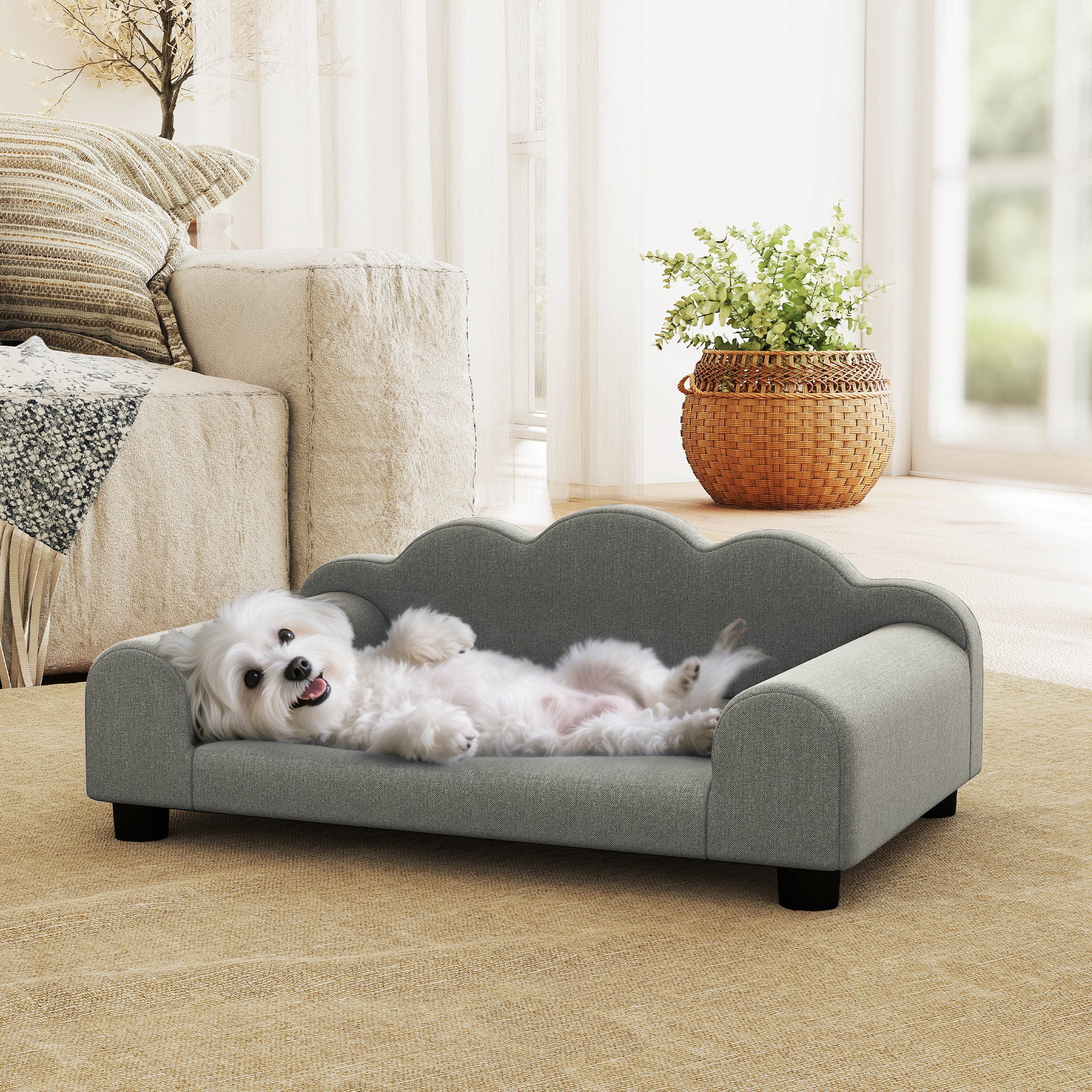 PawHut Elevated Dog Sofa Bed, Breathable Pet Sofa with Backrest and Armrest for Small Dogs, Grey