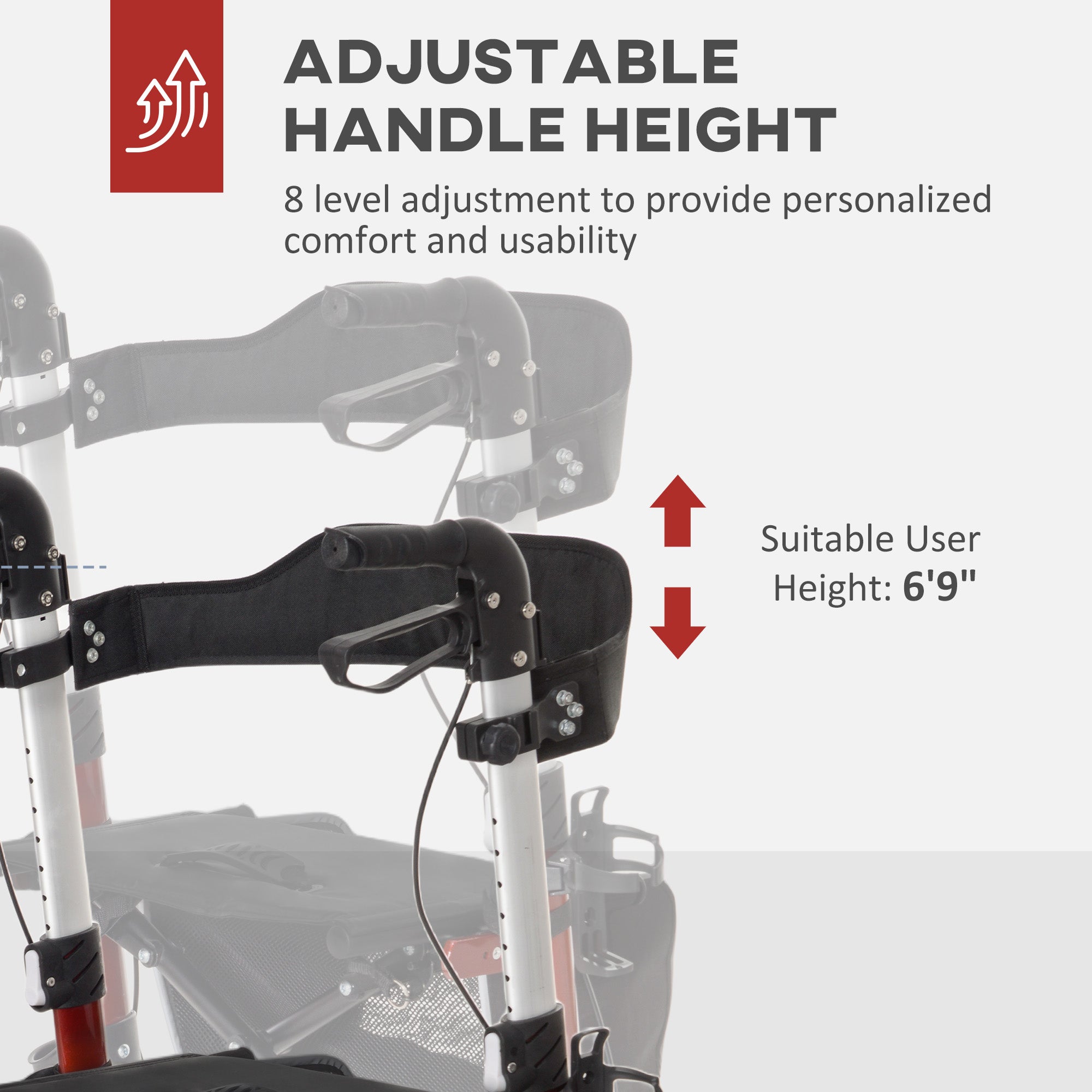 HOMCOM 88.5-106cm Aluminium Frame Rollator Walker, with Brakes - Red