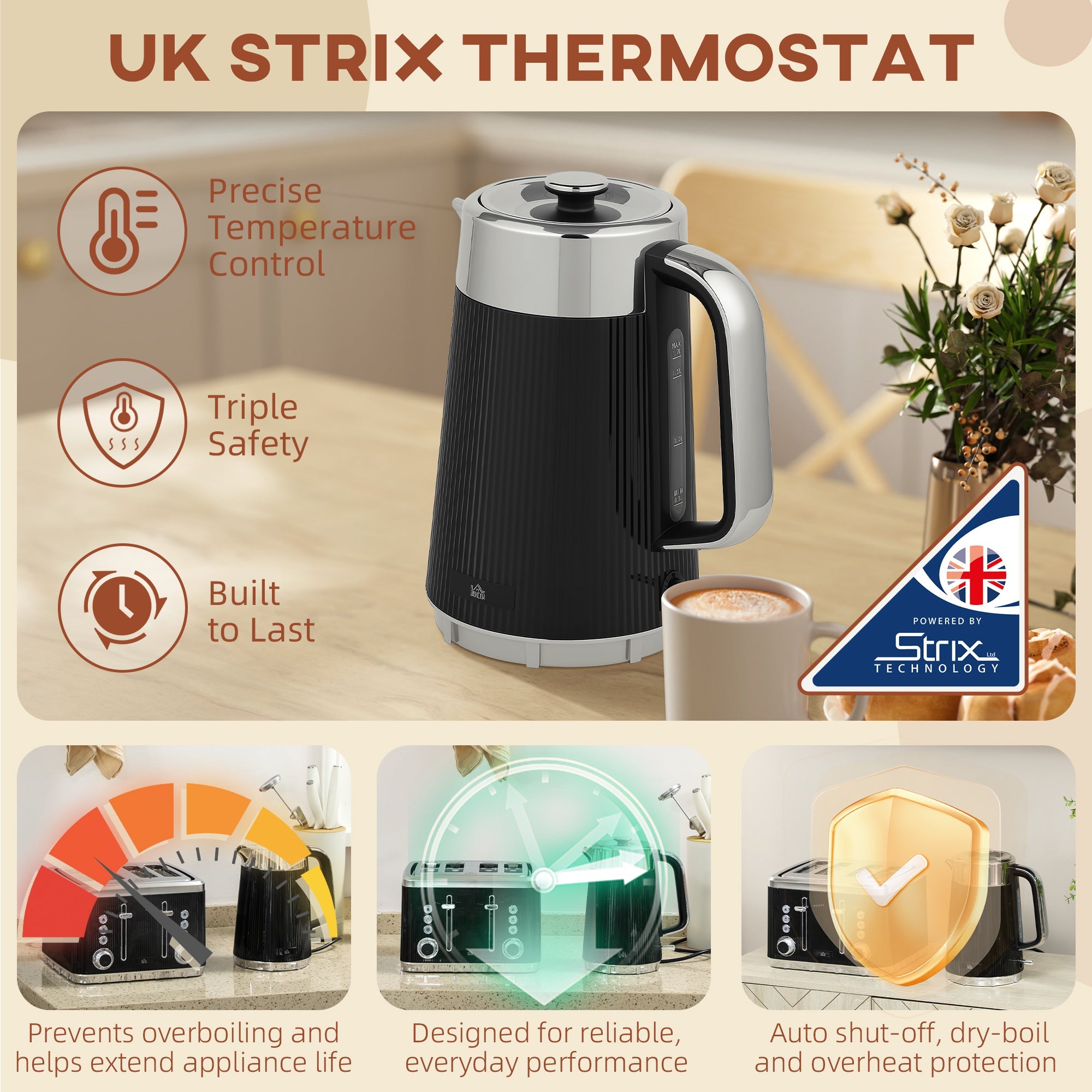 HOMCOM Electric Kettle and Toaster Set, 3000W 1.7L UK Strix Thermostat Rapid Boil Jug Kettle with Limescale Filter, Cool Touch Body, 4 Slice Toaster with 7 Browning Controls, Crumb Tray, Black