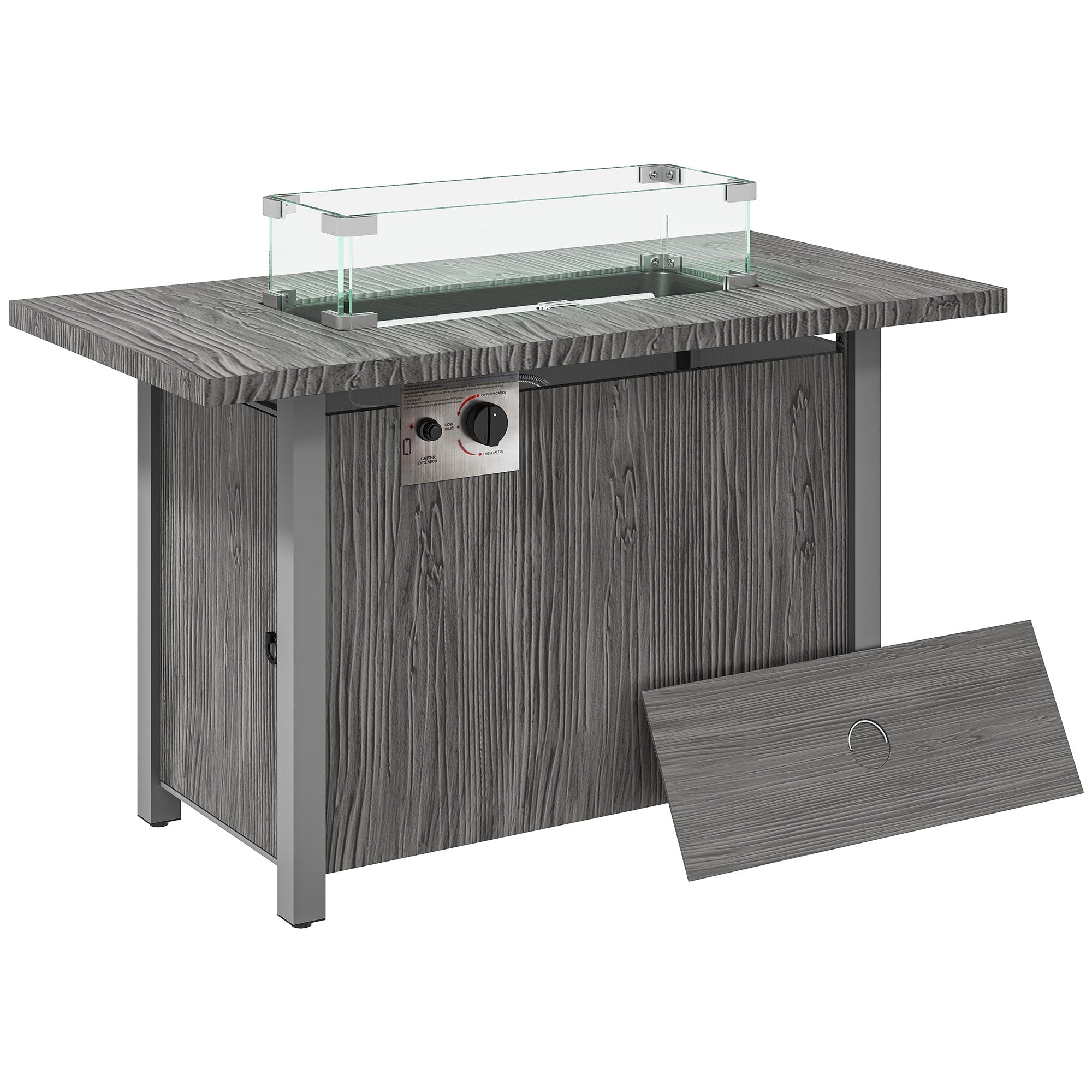 Outsunny 50,000 BTU Gas Fire Pit Table with Cover and Glass Screen - Dark Grey