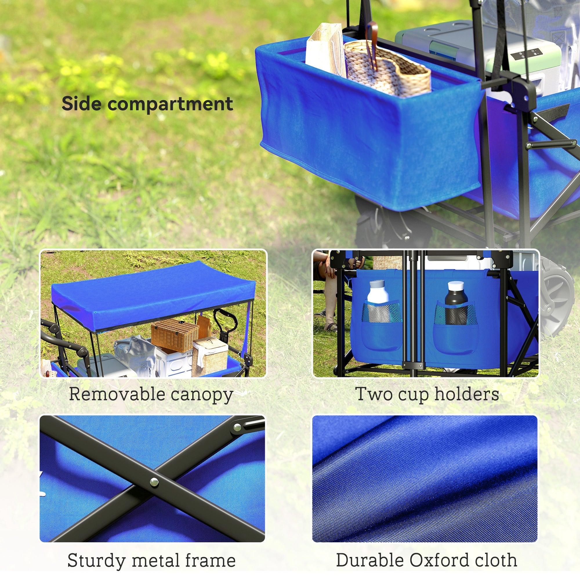 Outsunny Folding Trolley Cart Storage Wagon Beach Trailer 4 Wheels with Handle Overhead Canopy Cart Push Pull for Camping, Blue