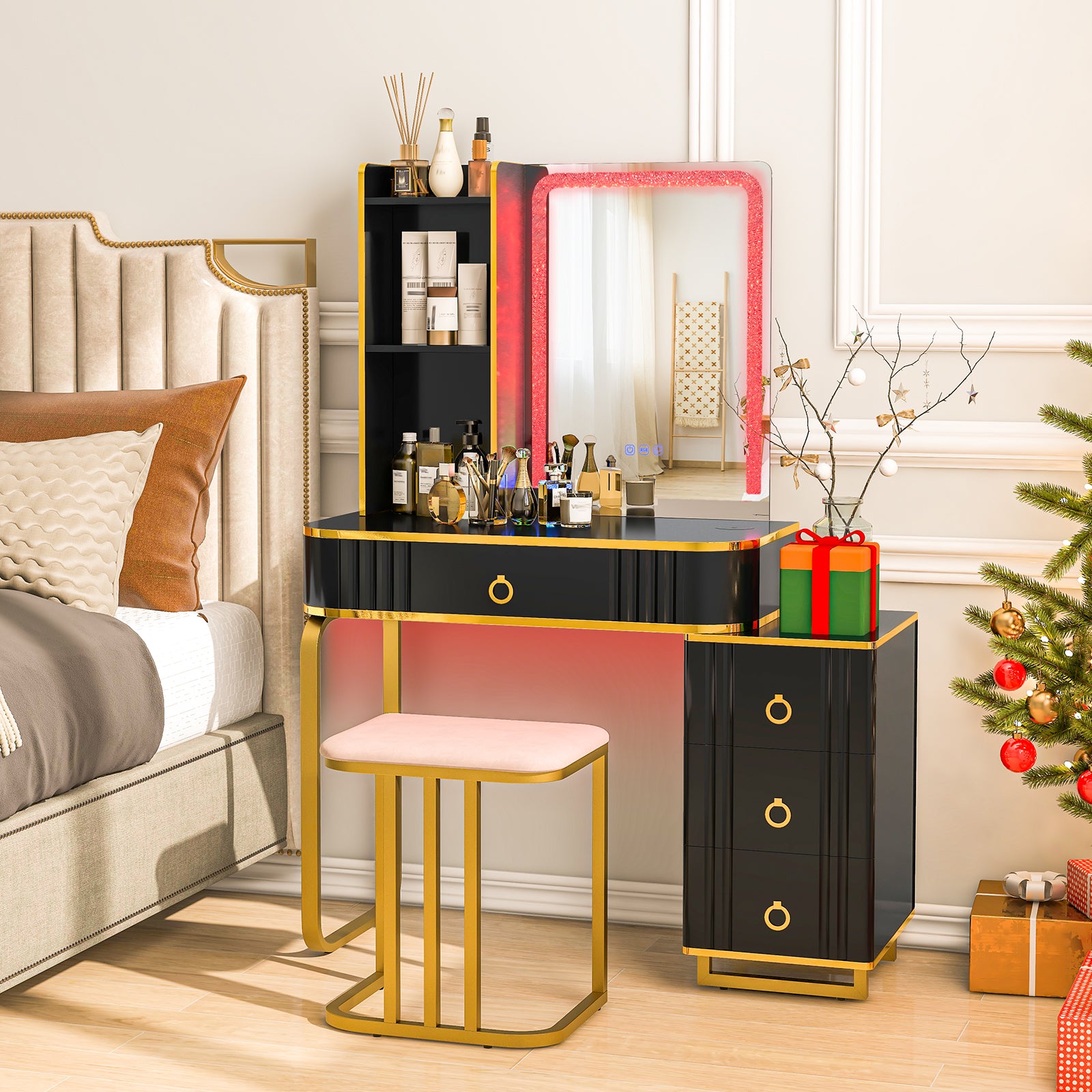 RGB LED Vanity Set with Mirror and Lights-Black