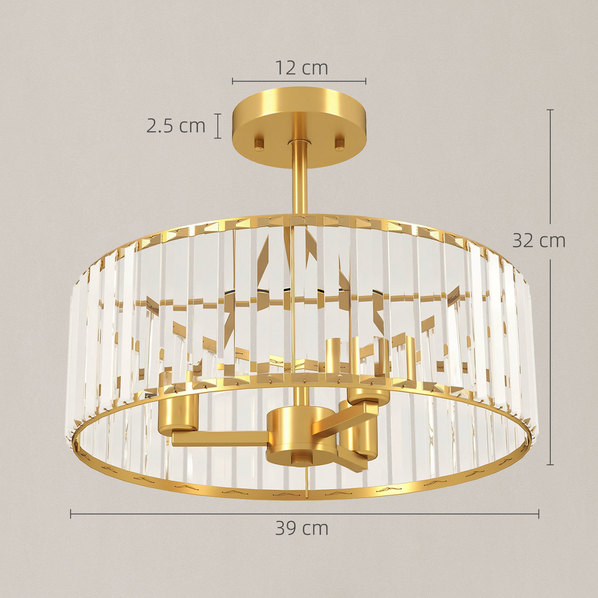 HOMCOM Crystal Ceiling Light Fixture, Semi Flush Mount Modern Crystal Chandelier Ceiling Light for Living Room, Bedroom, Hallway, Dining Room, E14 Base 3-Lights, Gold Tone