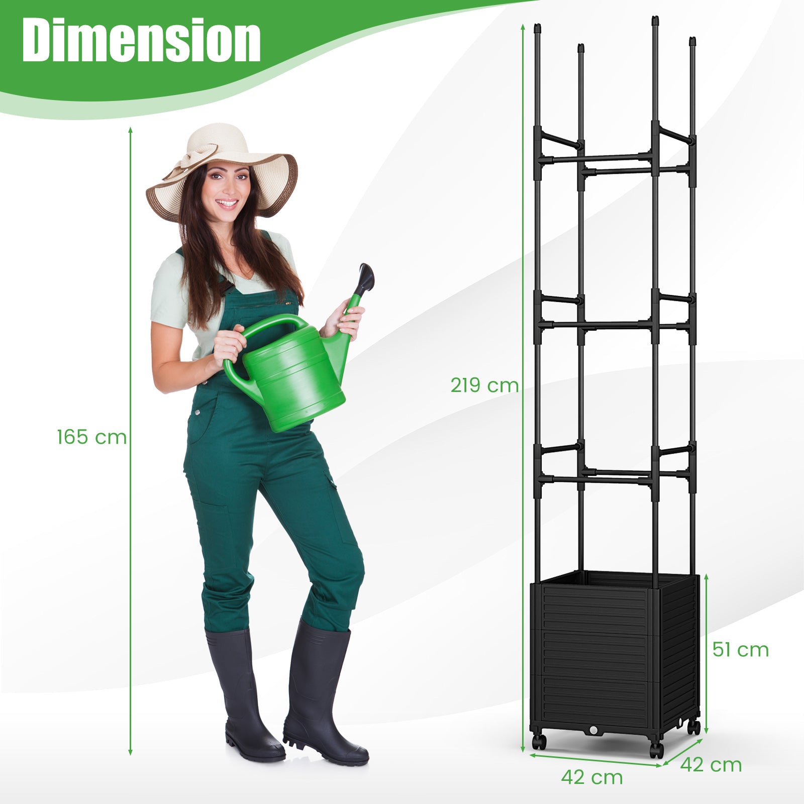 219 cm Raised Garden Bed with Trellis and Wheels for Climbing Plants-Black