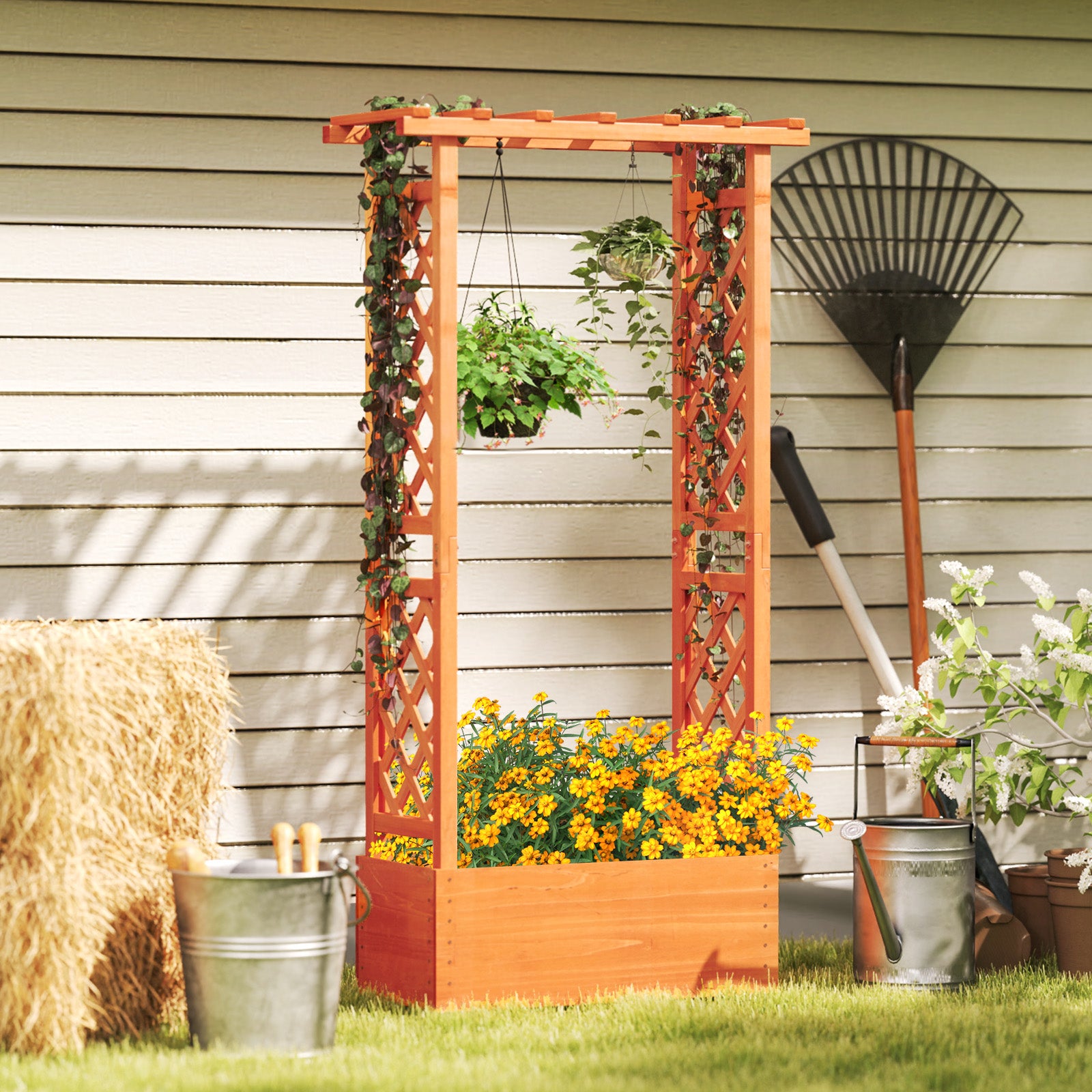 Raised Garden Bed with Trellis Wood Freestanding with Hanging Roof-Orange