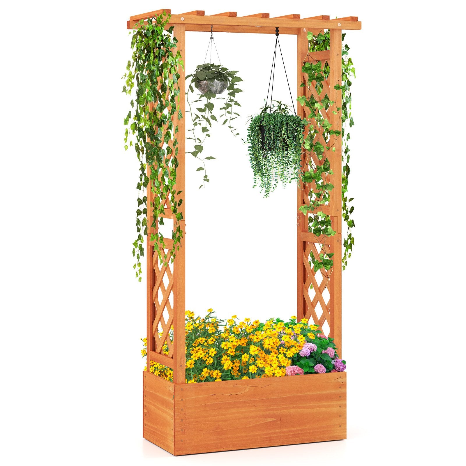 Raised Garden Bed with Trellis Wood Freestanding with Hanging Roof-Orange