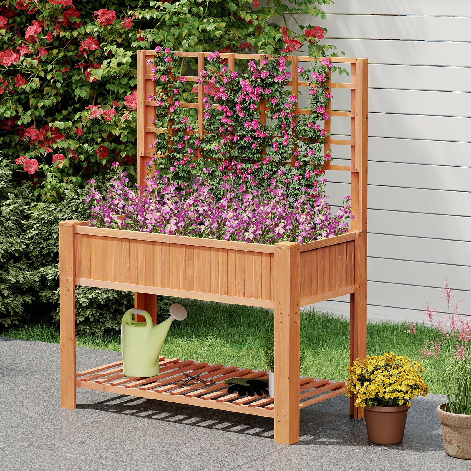 Raised Garden Bed with Trellis Wooden Elevated Planter Box with Legs-Brown