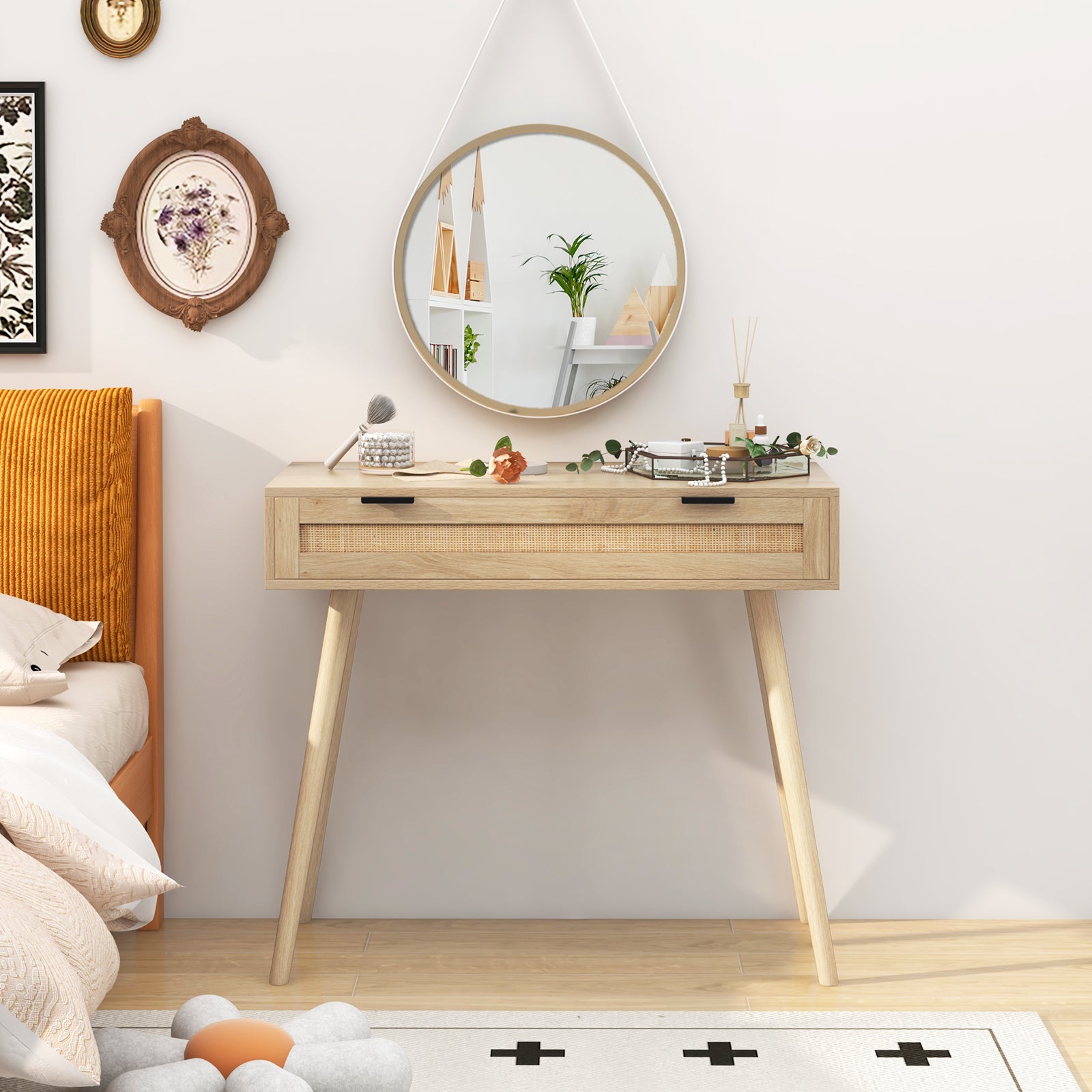 Rattan Console Table with Pull-out Drawer-Natural