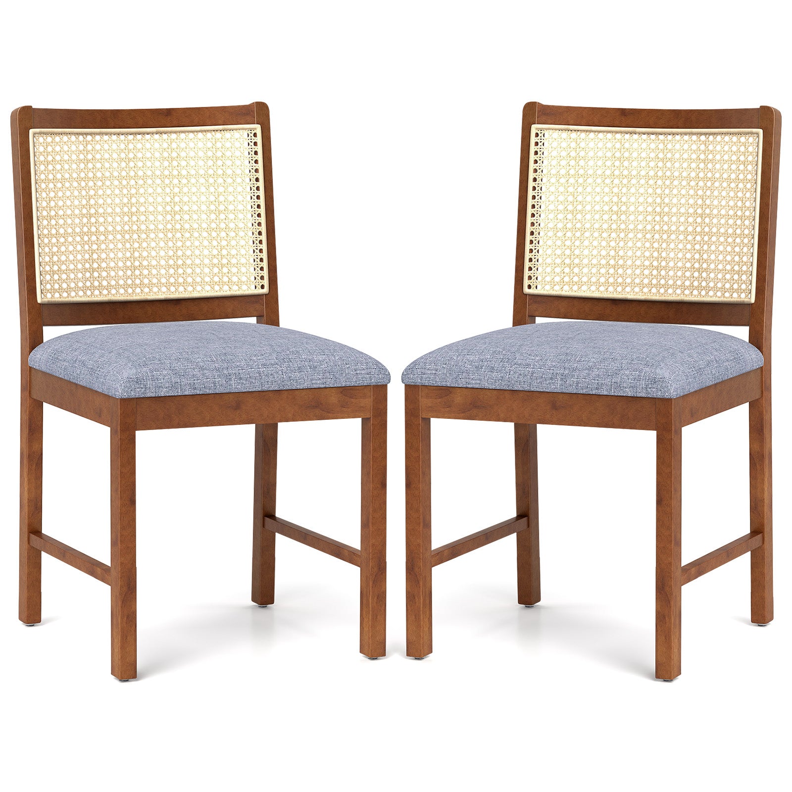 Rattan Dining Chair Set of 2 with Rubber Wood Frame and Linen Fabric Padded-Walnut