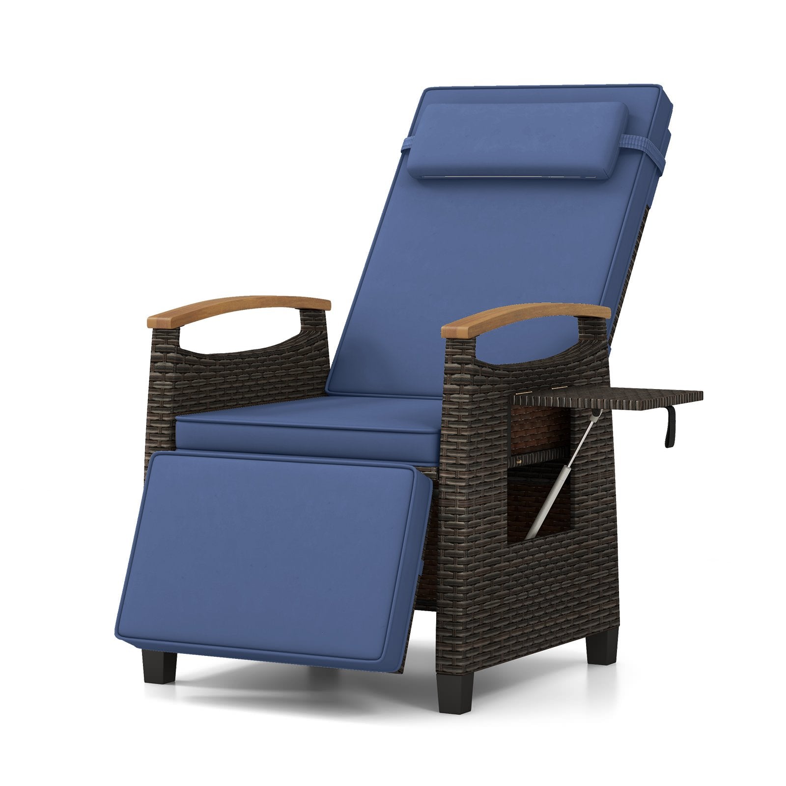 Patio Rattan Lounge Chair Recliner with Adjustable Footrest and Side Table-Navy