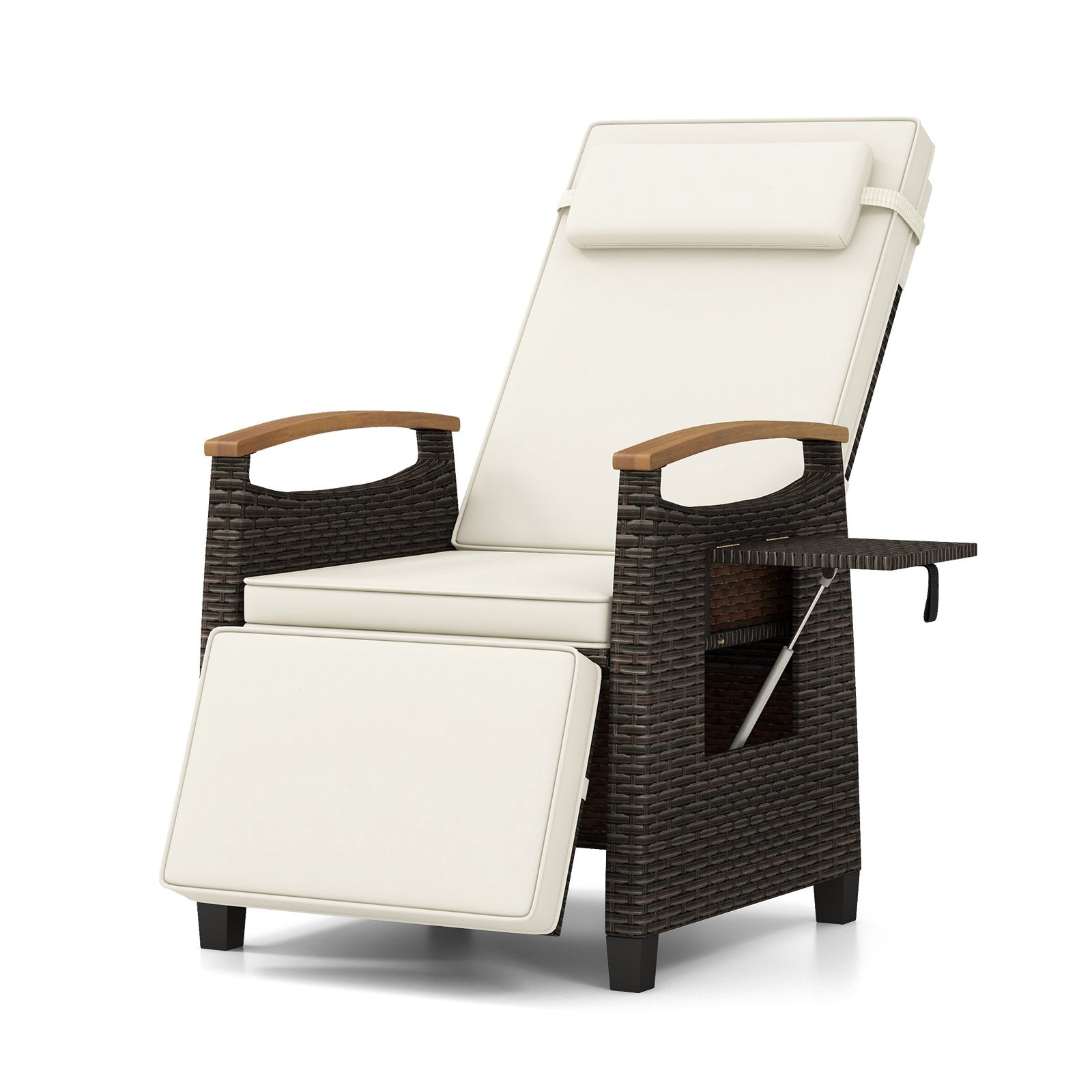Patio Rattan Lounge Chair Recliner with Adjustable Footrest and Side Table-Off White