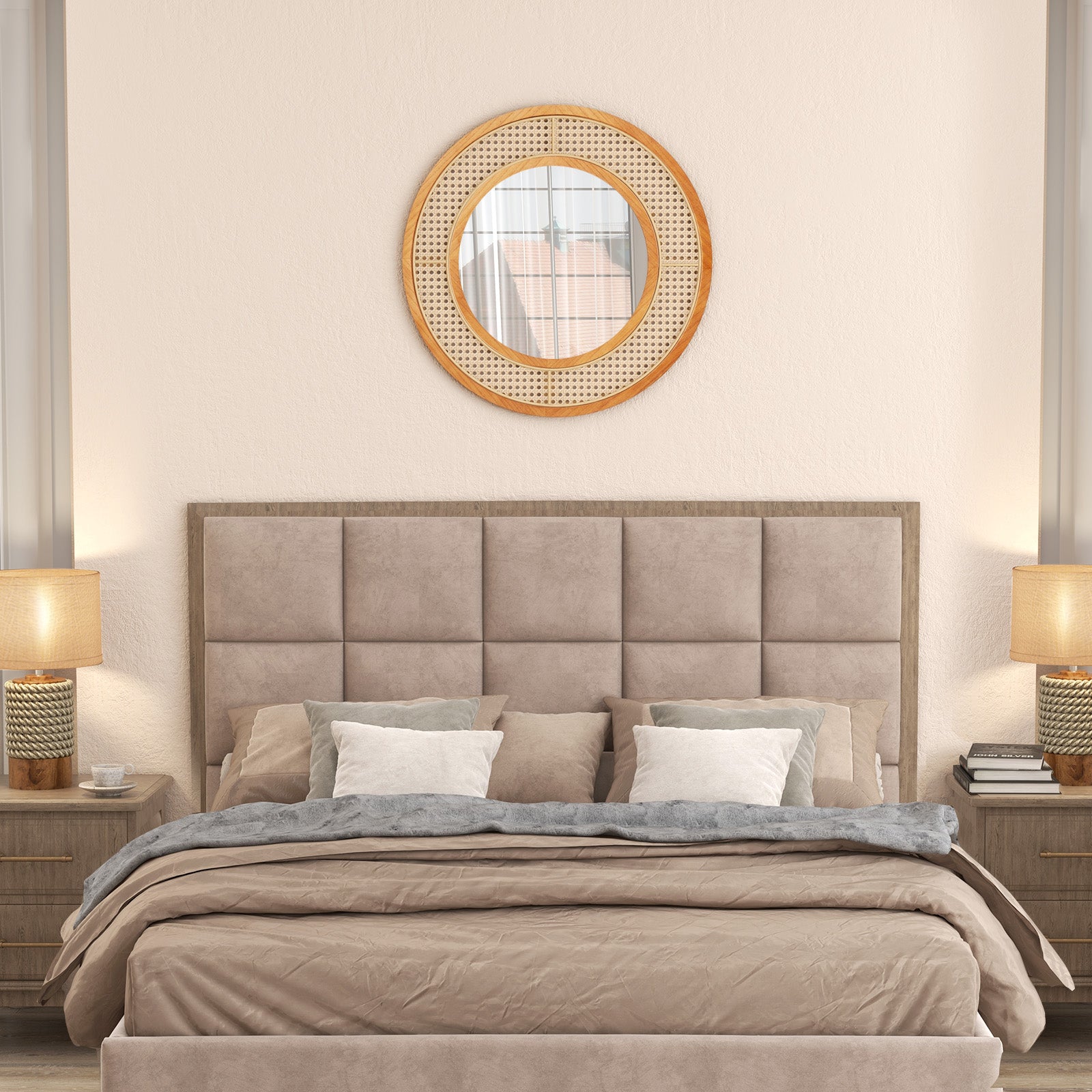 Rattan Round Wall Mirror with Aluminum Glass and Metal Hook -Natural