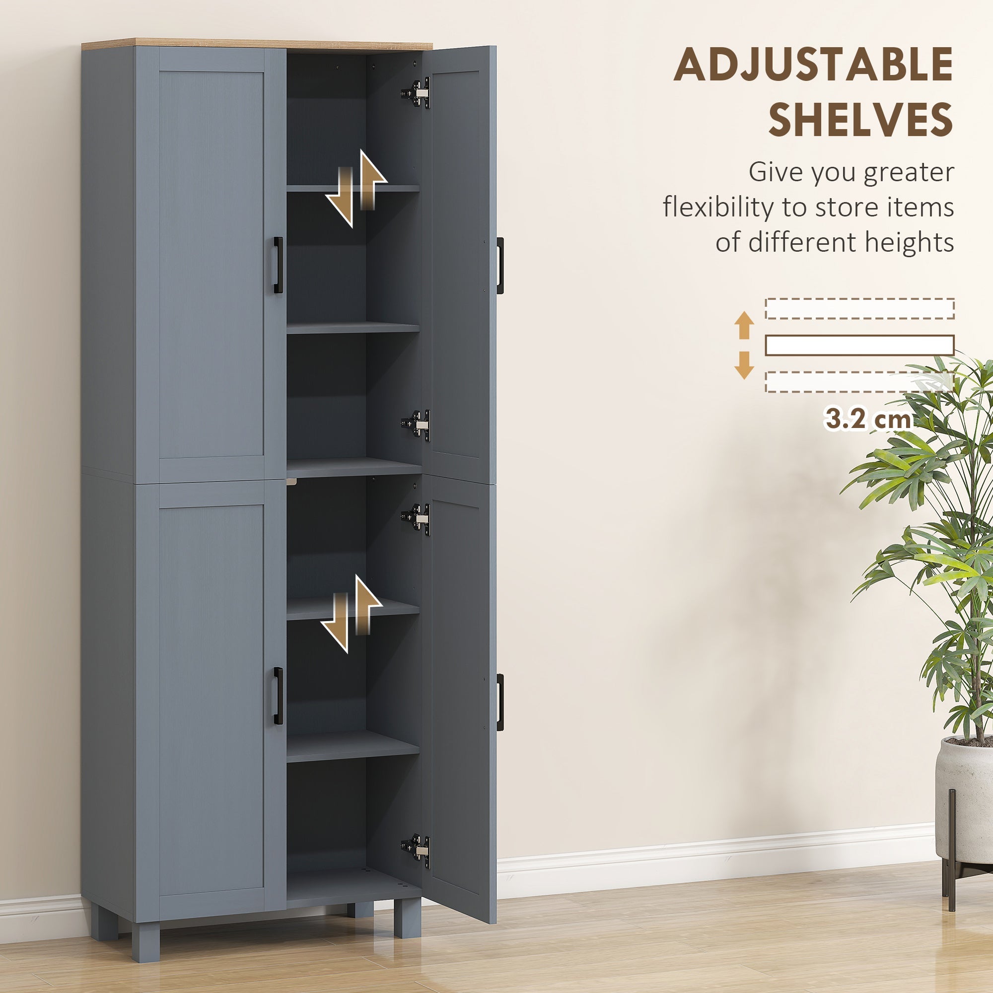 HOMCOM Freestanding Kitchen Cupboard, 4-Door Storage Cabinet with Adjustable Shelves, Modern Kitchen Pantry for Dining Room, 170cm, Grey Wood Effect