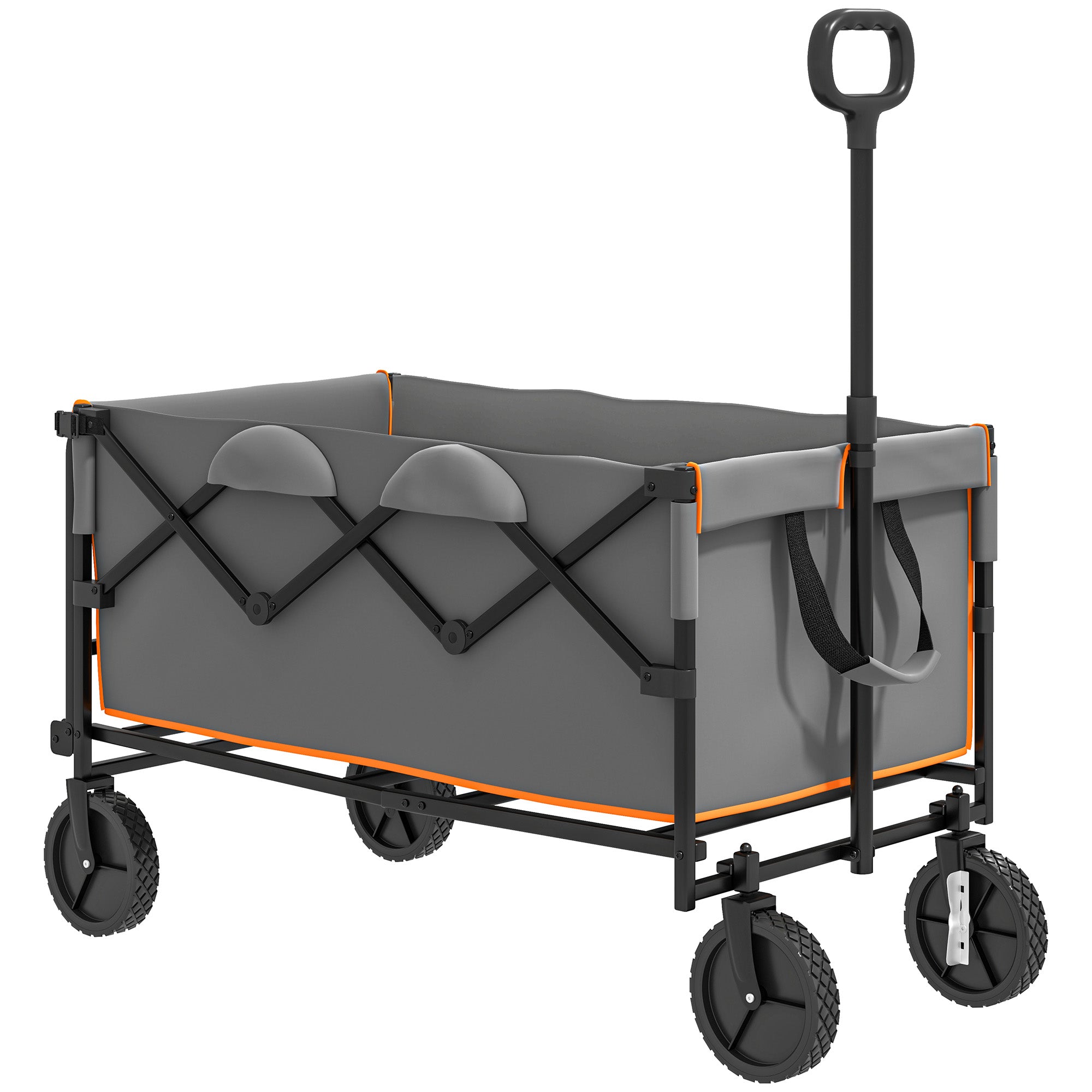 Outsunny 160L Festival Trolley on Wheels, Folding Camping Trolley Cart w/ Tailgate, 100kg Heavy Duty Garden Collapsible Folding Wagon w/Adjustable Handle, Carry Bag for Beach Picnic, Grey and Orange