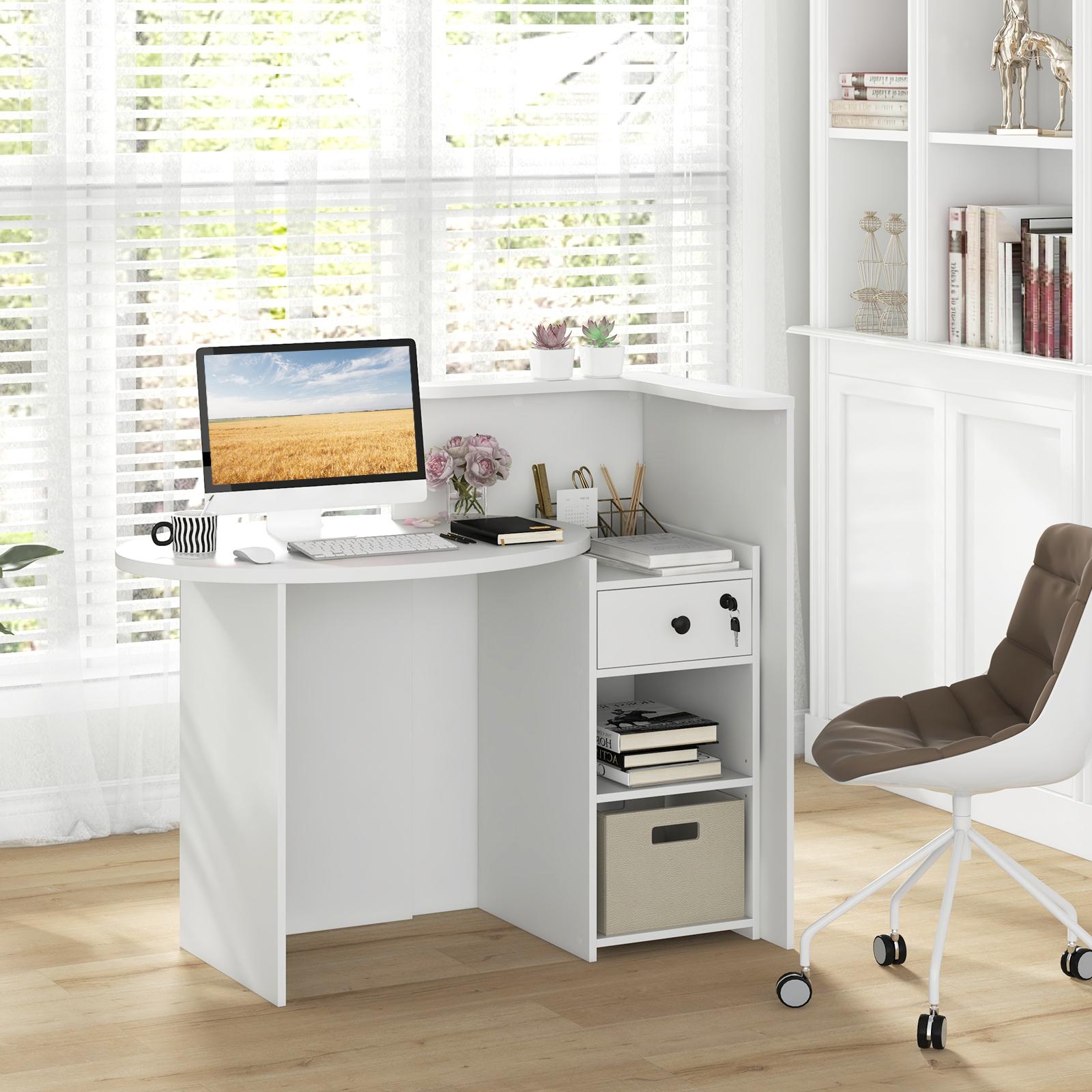 Reception Desk with Lockable Drawer and Adjustable Shelf for Office-White