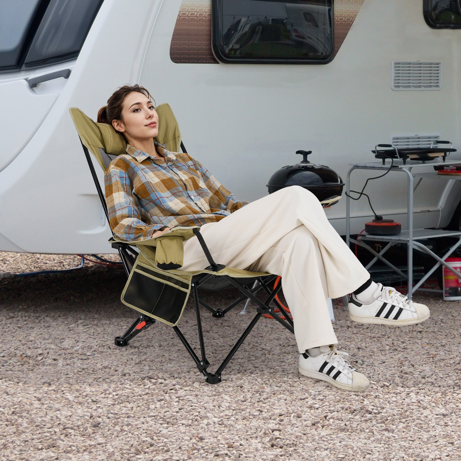 Reclining Camping Chair with Removable Footrest for Hiking Fishing-Green