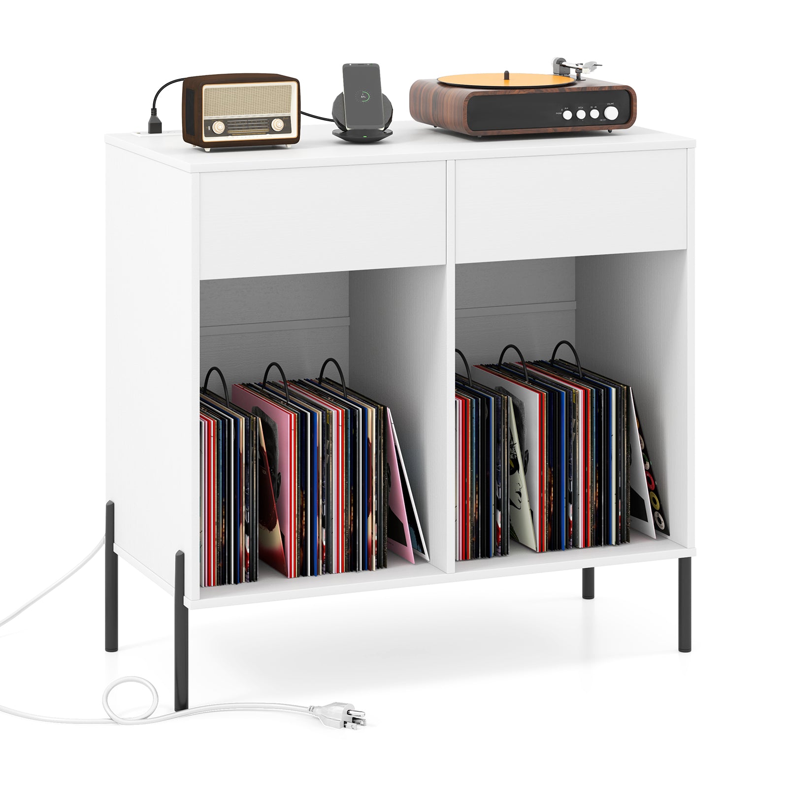 Record Player Stand with Power Outlets and Drawers for Living Room-White