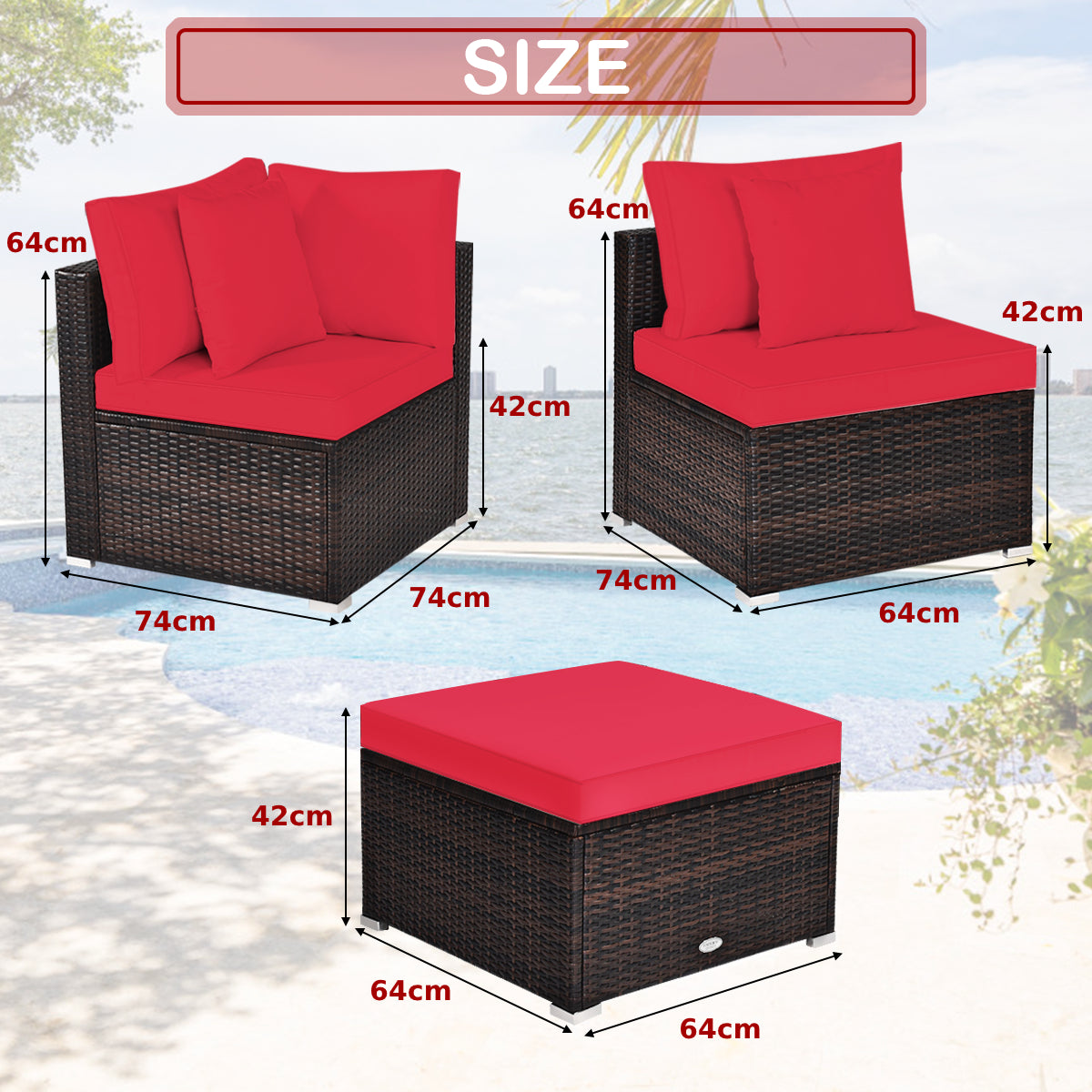 4 Pieces Outdoor Rattan Conversation Set with Removable Cushions and Pillows-Red