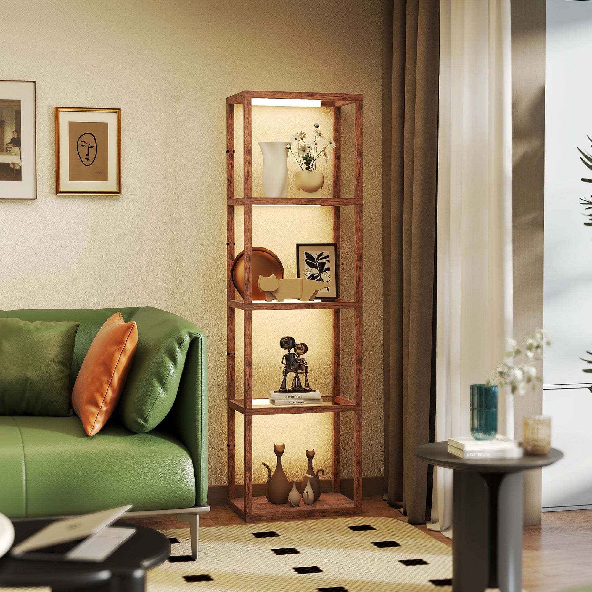 HOMCOM LED Floor Lamp with Glass Shelves, 4 Layers Dimmable Tall Standing Lamp, Modern Column Shelf Floor Light for Living Room, Bedroom, Office, Rustic Brown