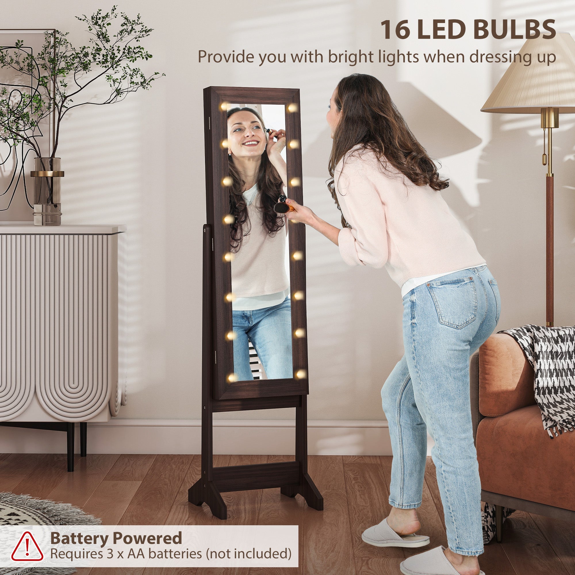 HOMCOM Freestanding Mirror Jewelry Cabinet with LED Lights, Jewellery Organiser with 3 Angle Adjustable, Full-Length Mirror with Storage for Earrings, Necklaces, Rings and Lipsticks, Dark Brown