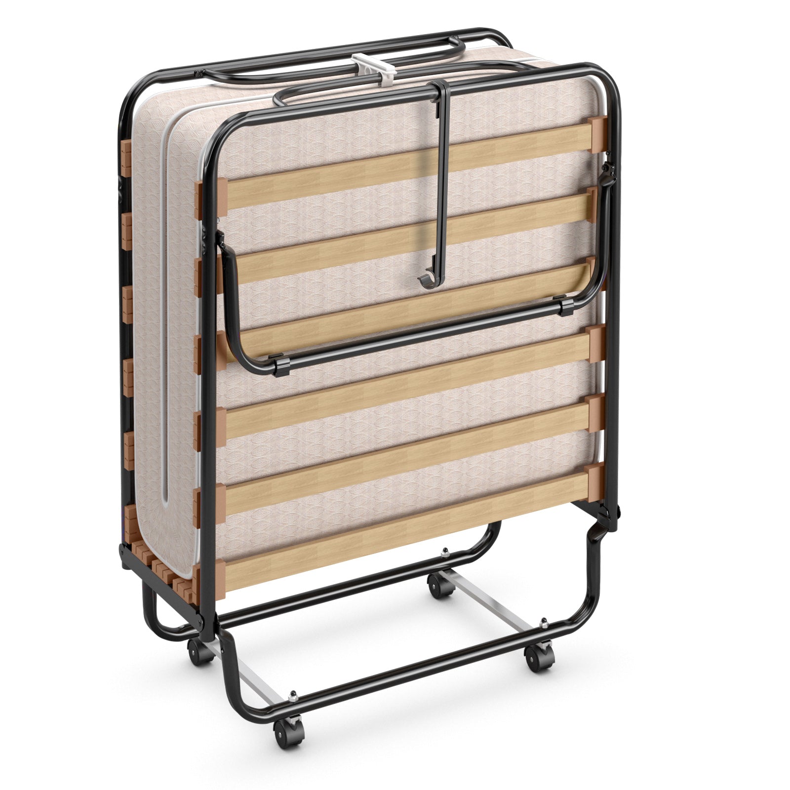 Rollaway Folding Bed with Memory Foam Mattress Guest Bed with Wheels-Beige