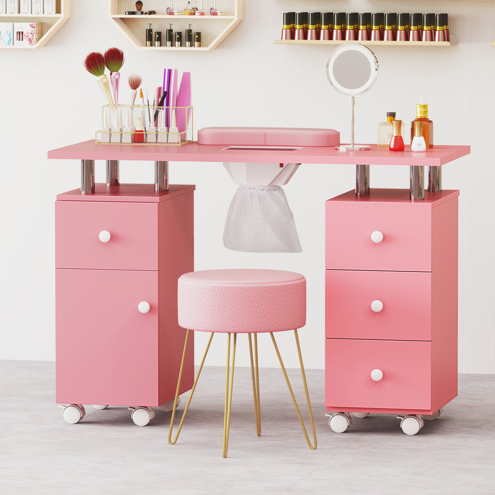 Manicure Table Nail Desk with Electric Dust Collector-Pink