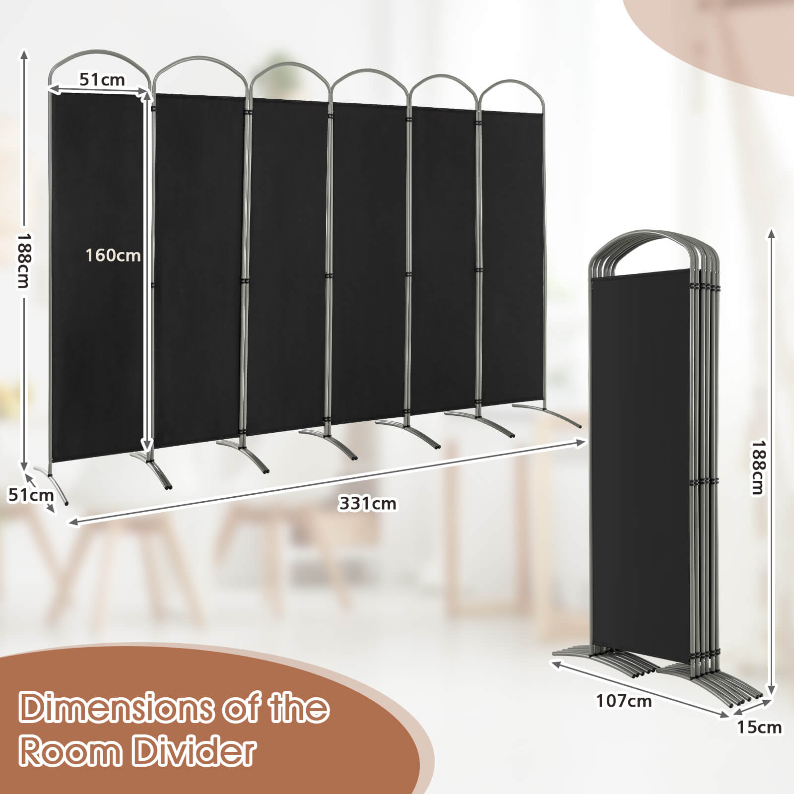 6 Panel Freestanding Fabric Room Divider for Home and Office-Black