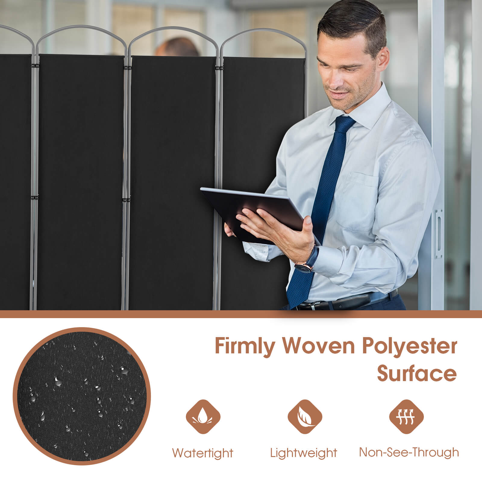 6 Panel Freestanding Fabric Room Divider for Home and Office-Black