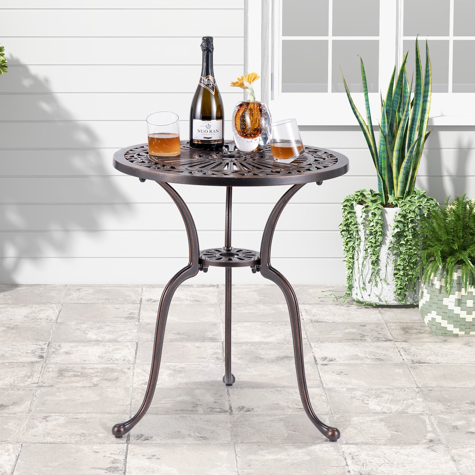 61 cm Round Cast Aluminum Table with 5 cm Umbrella Hole-Copper