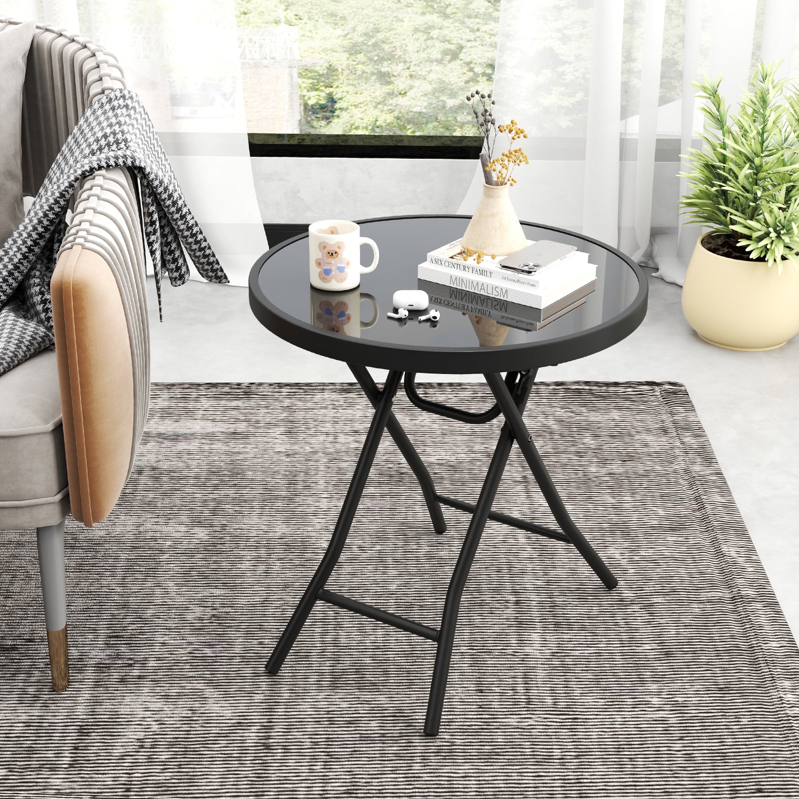 Round Folding Side Patio Coffee Table with Tempered Glass Tabletop-Black