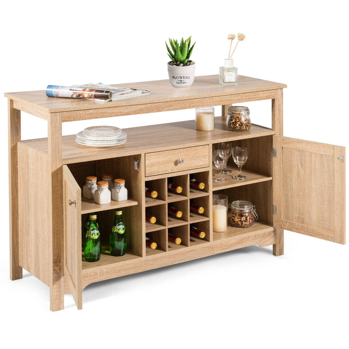 Rustic Cupboard Storage Organizer with 2 Cabinets and 1 Drawer 9-Bottle Wine Rack-Natural