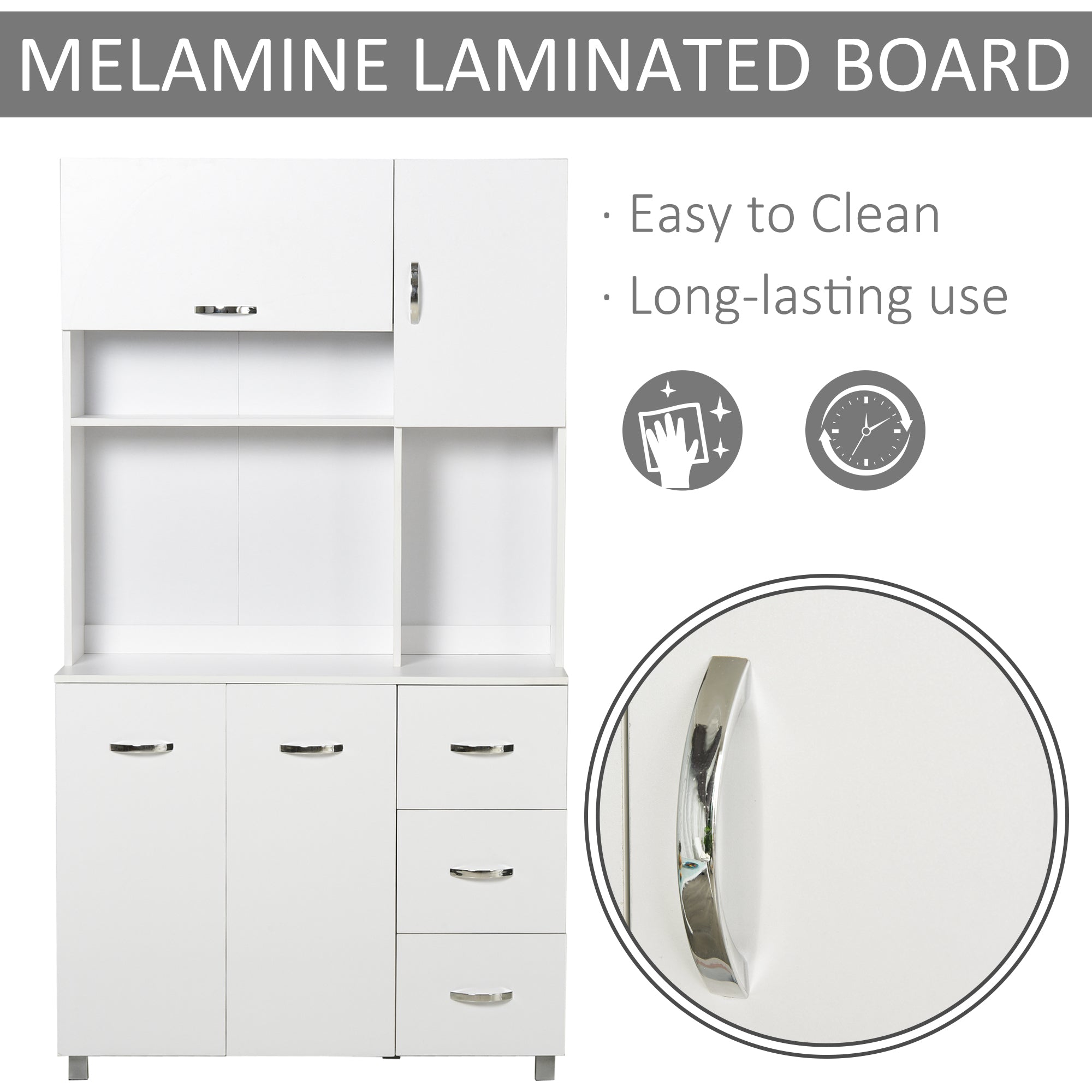 HOMCOM Kitchen Cupboard, 183cm Tall Storage Cabinet with Countertop, Sideboard with 3 Small Drawers, Flip Up Top Door, 3 Cabinet Doors and Open Shelves, 100W x 39.5D x 183.5H cm, White