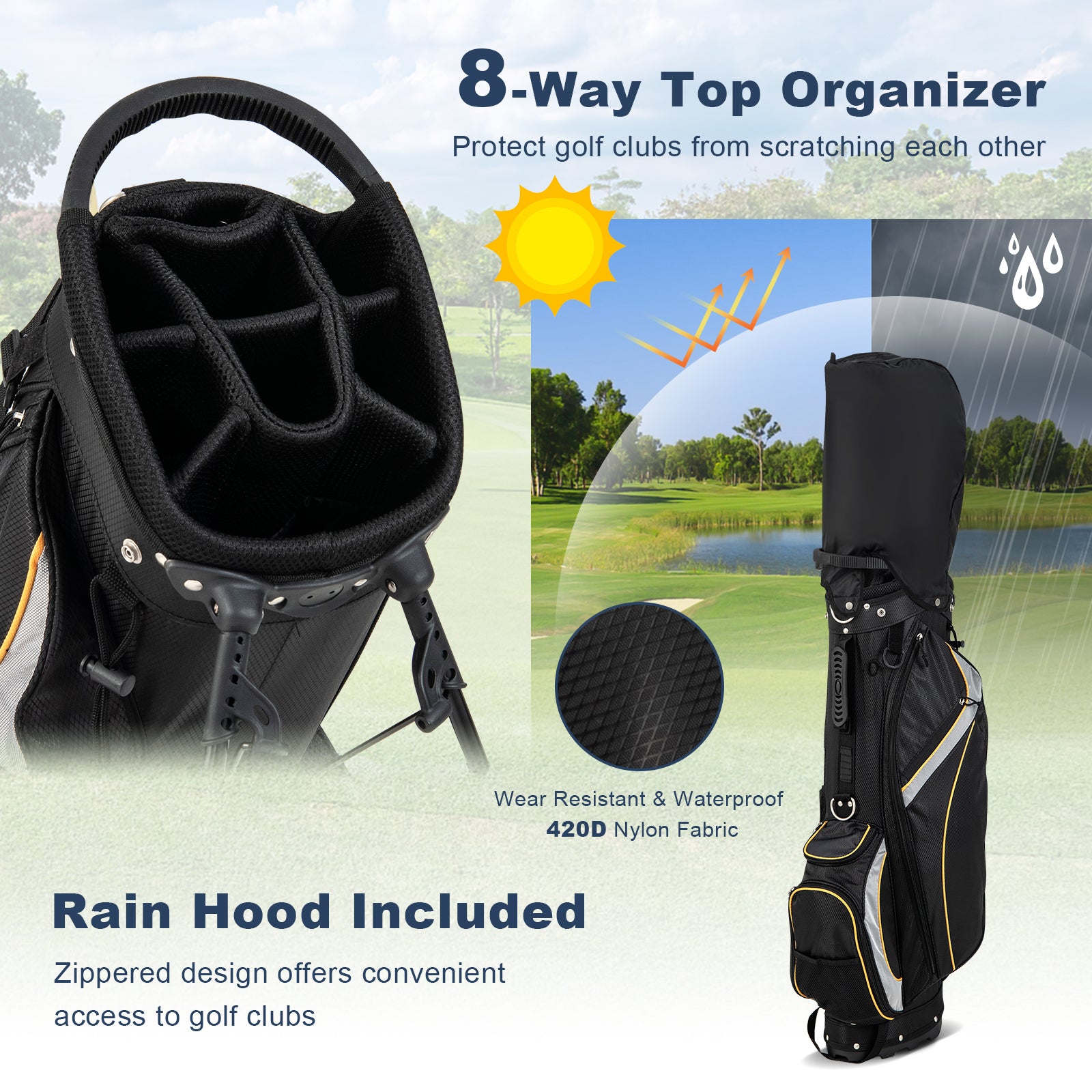 Golf Stand Bag with 8 Way Dividers and 7 Zippered Pockets