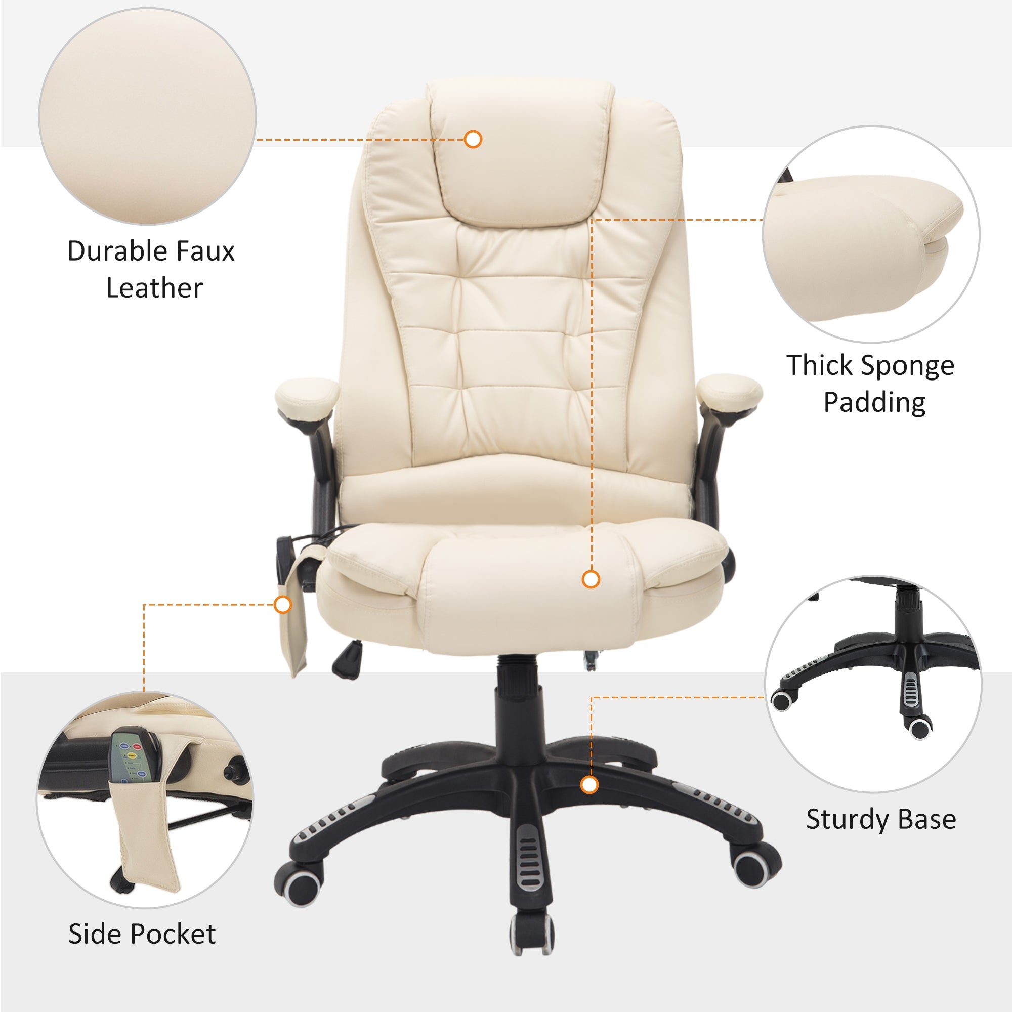 HOMCOM 6-Point Massage Office Chair with Seat Heated for Home Office, PU Leather High Back Executive Desk Chair with Adjustable Height and 360√Ç¬∞ Swivel for Work Study, Beige