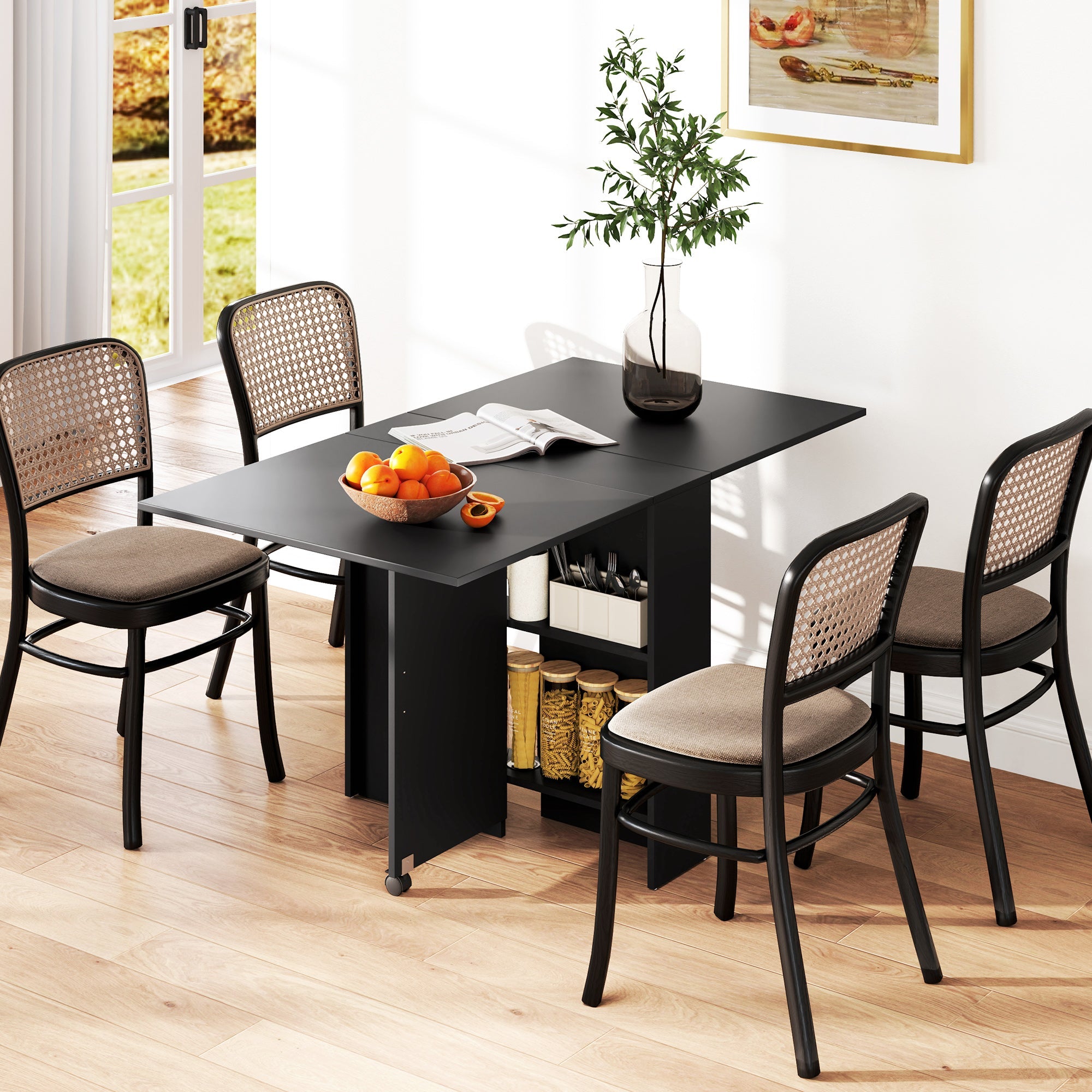 HOMCOM Foldable Dining Table, Extendable Drop Leaf Table with 2-tier Shelves, Small Dinner Table with Rolling Casters