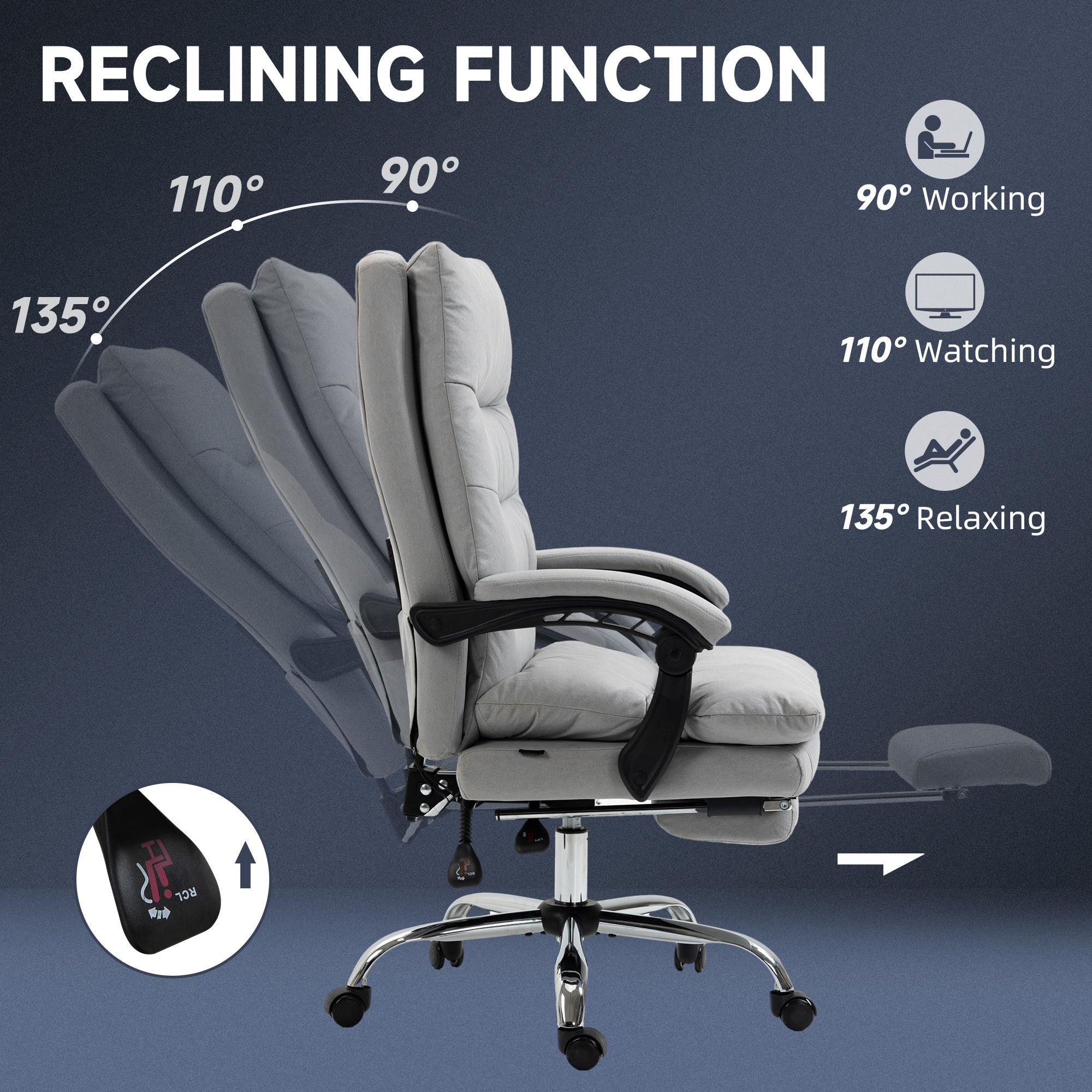 Vinsetto Office Chair with Footrest, Double Padding Ergonomic Desk Chair with 6-Point Vibration Massage and Back Heating, Microfibre Fabric with 135√Ç¬∞ Reclining Back, Grey