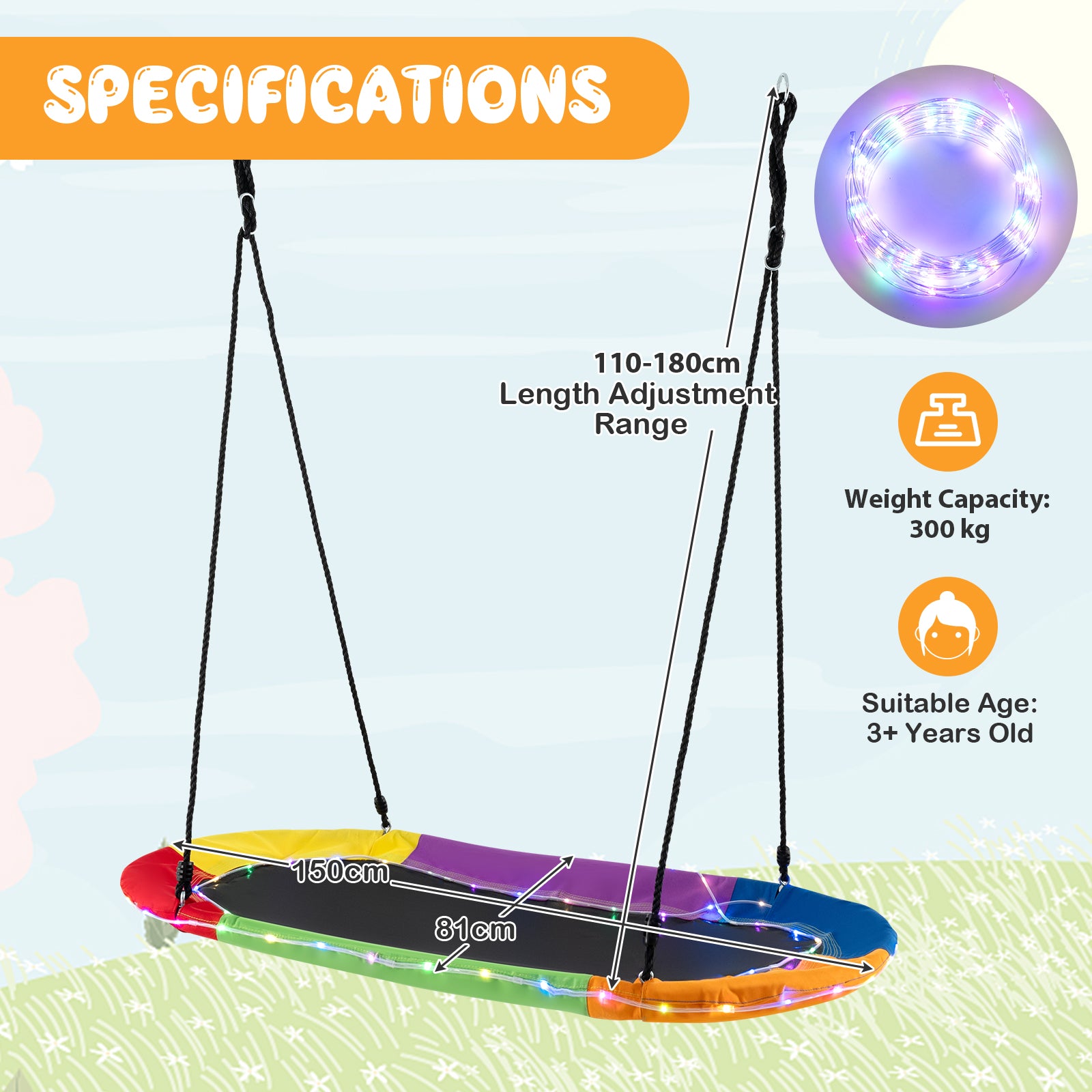 150 cm Saucer Swing with LED Lights and Adjustable Ropes-Colourful